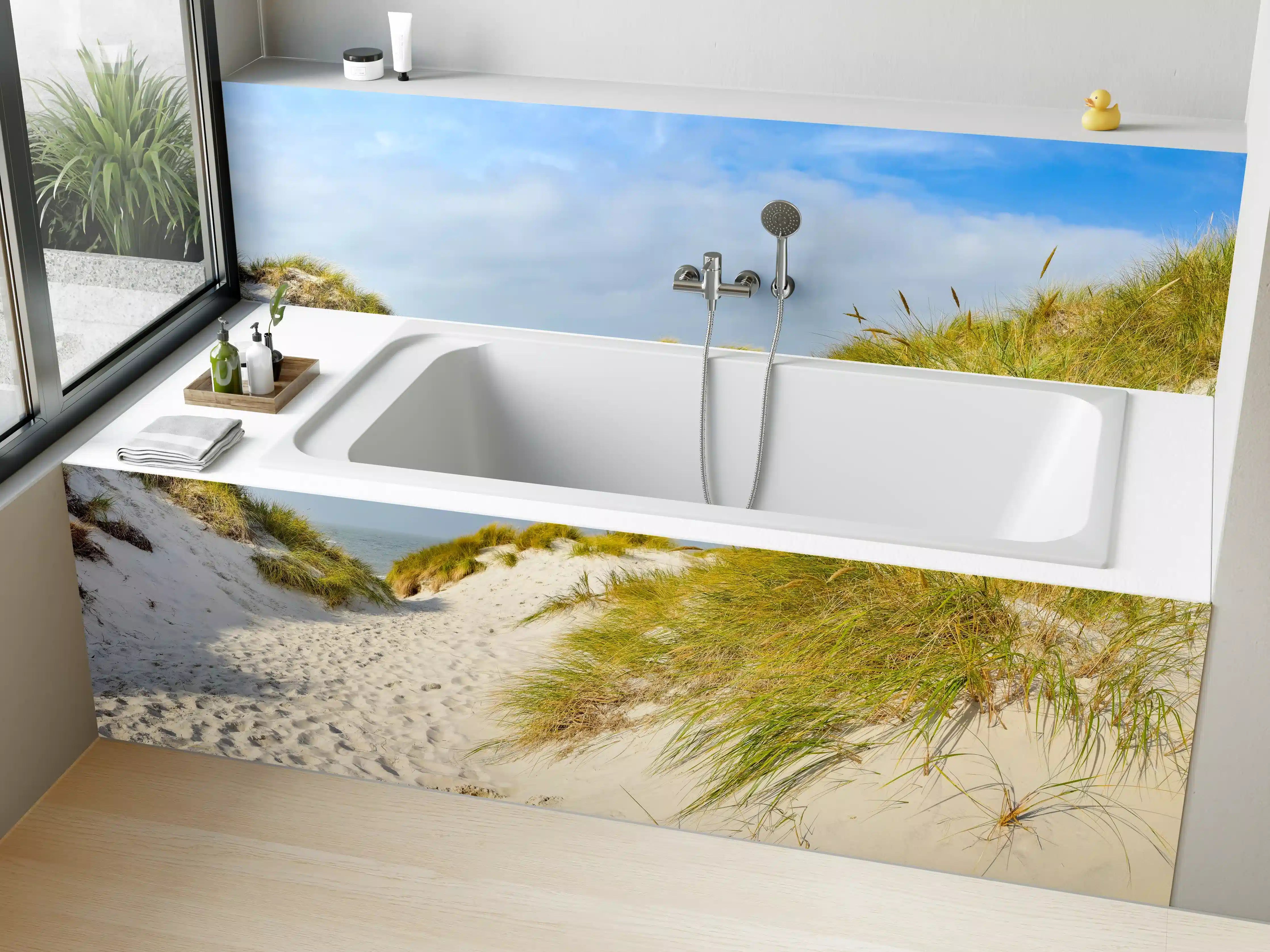 Badewannen-Rückwand - Bilderbuch-Strandlandschaft mit Dünen