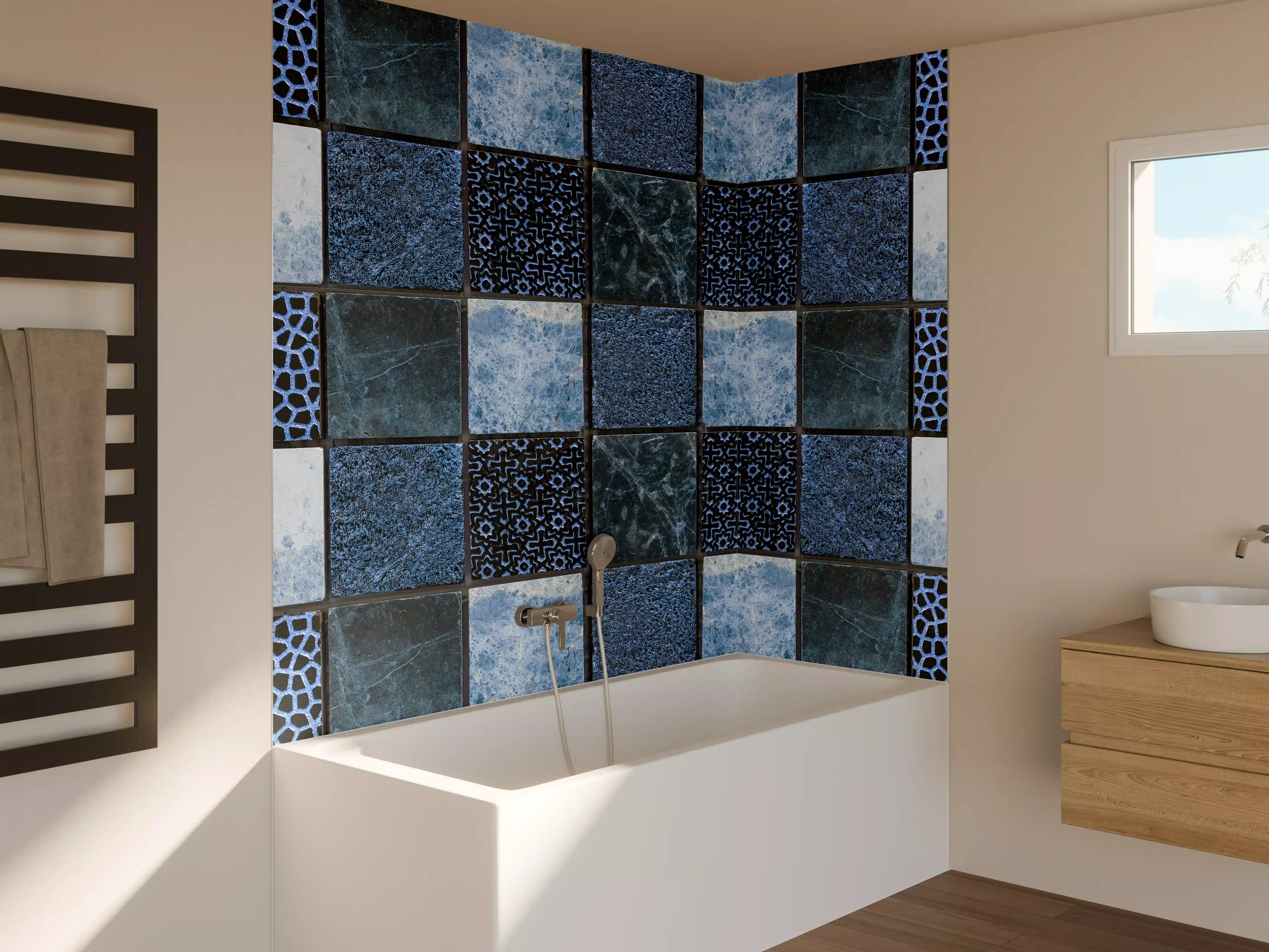 Badewannen-Rückwand - Bläuliche quadratische Mosaiktextur