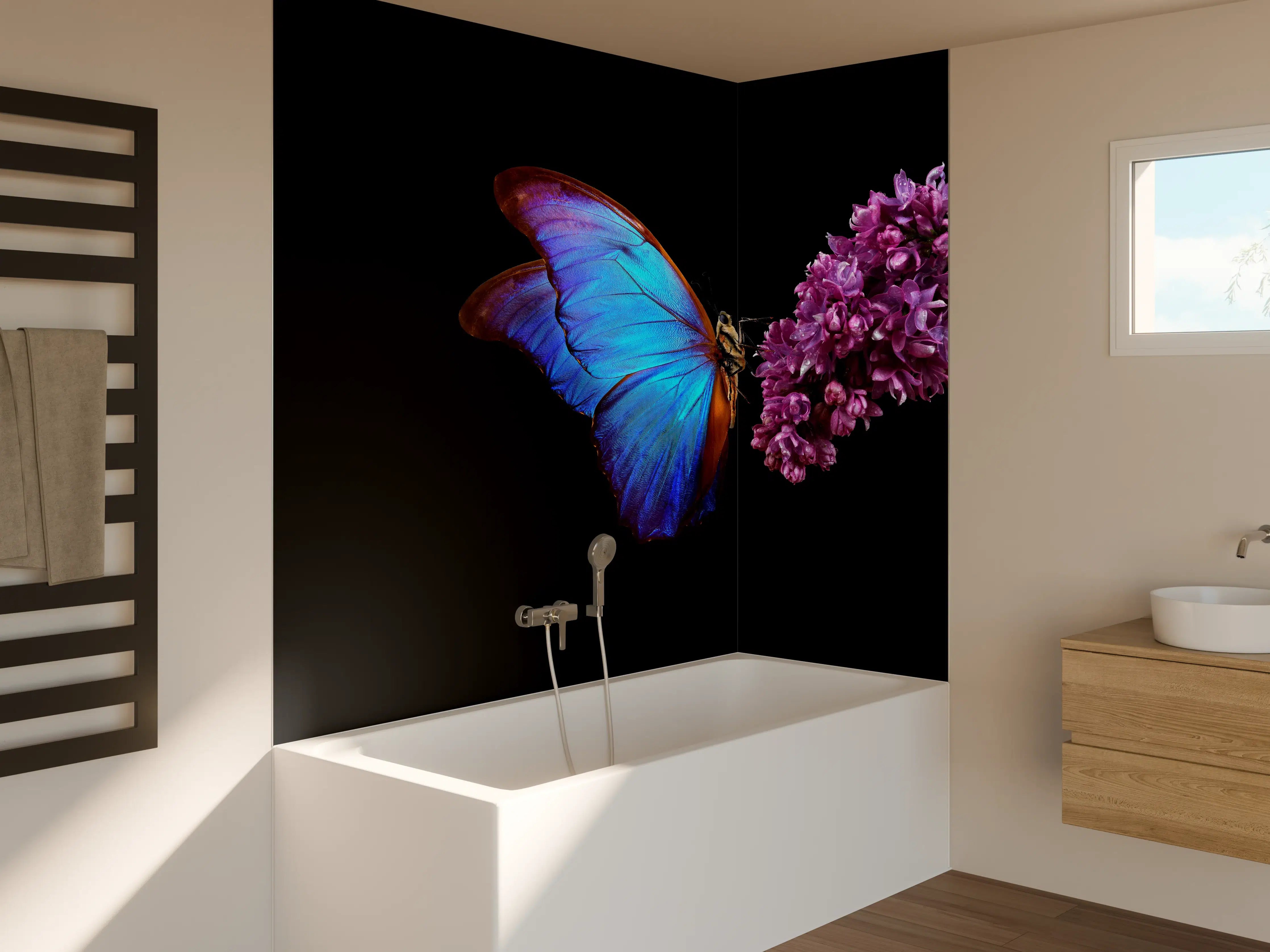 Badewannen-Rückwand - Bläulicher Schmetterling auf Blume