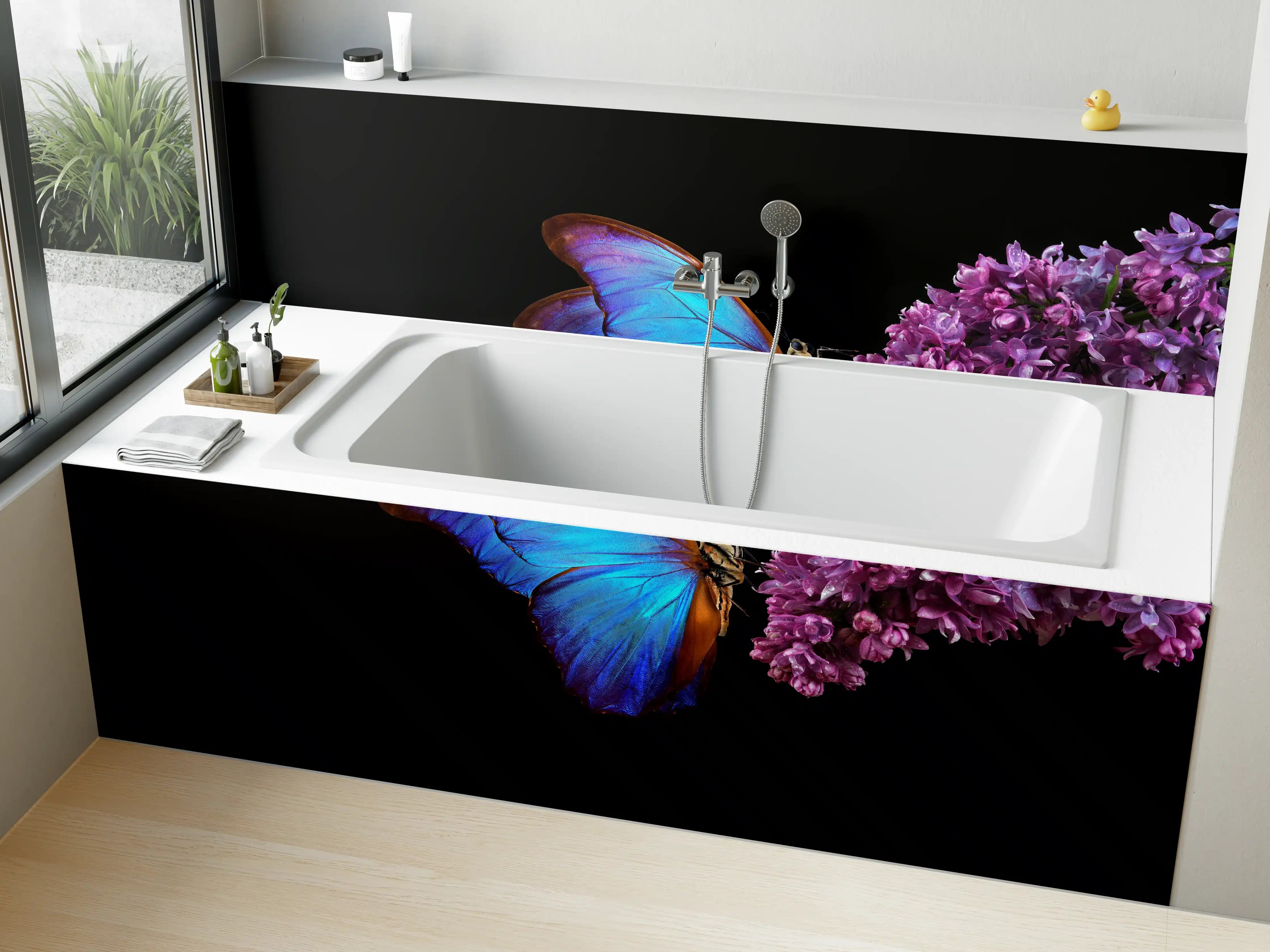Badewannen-Rückwand - Bläulicher Schmetterling auf Blume