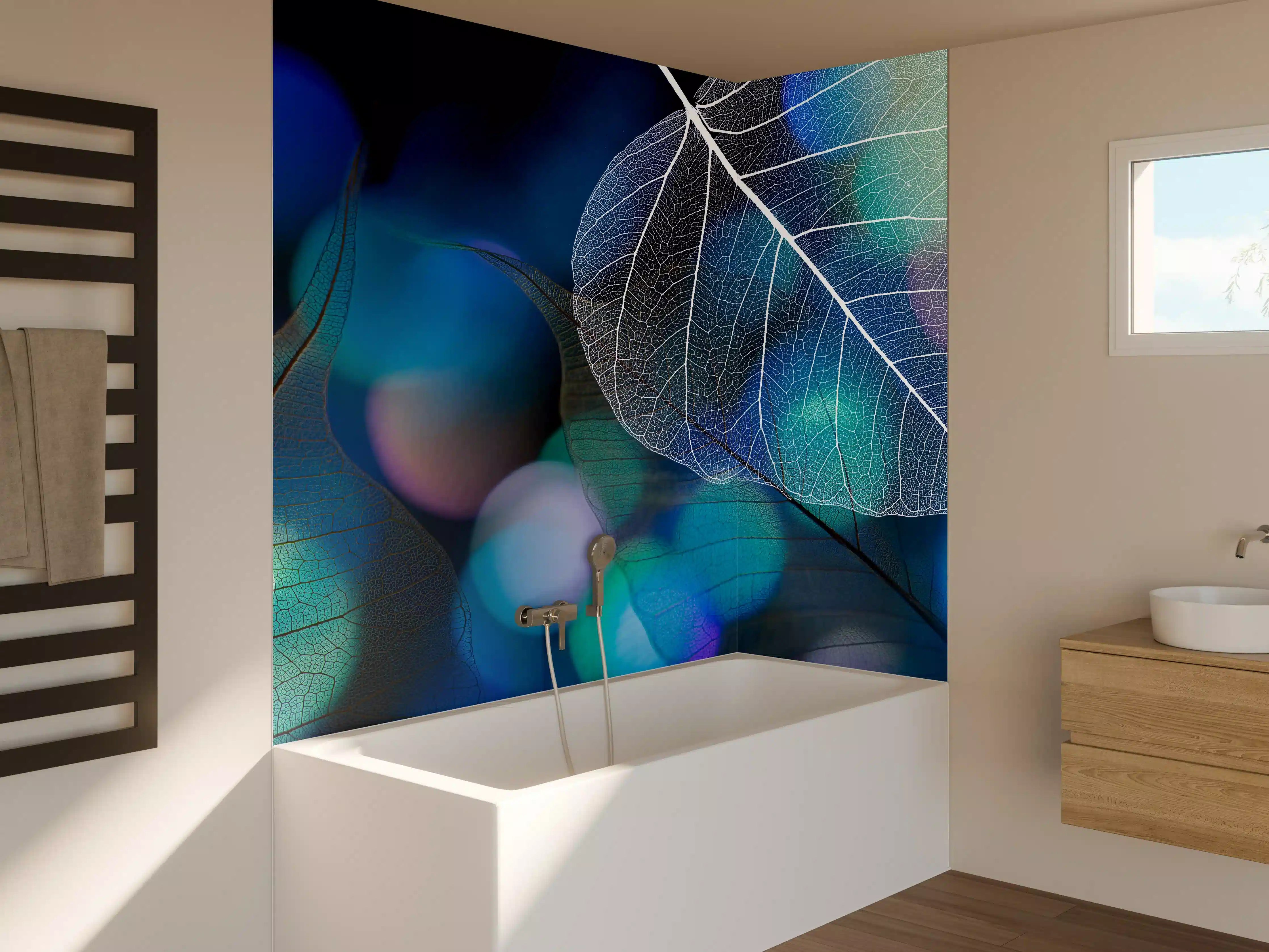 Badewannen-Rückwand - Blattstruktur mit Lichtbokeh Effekt
