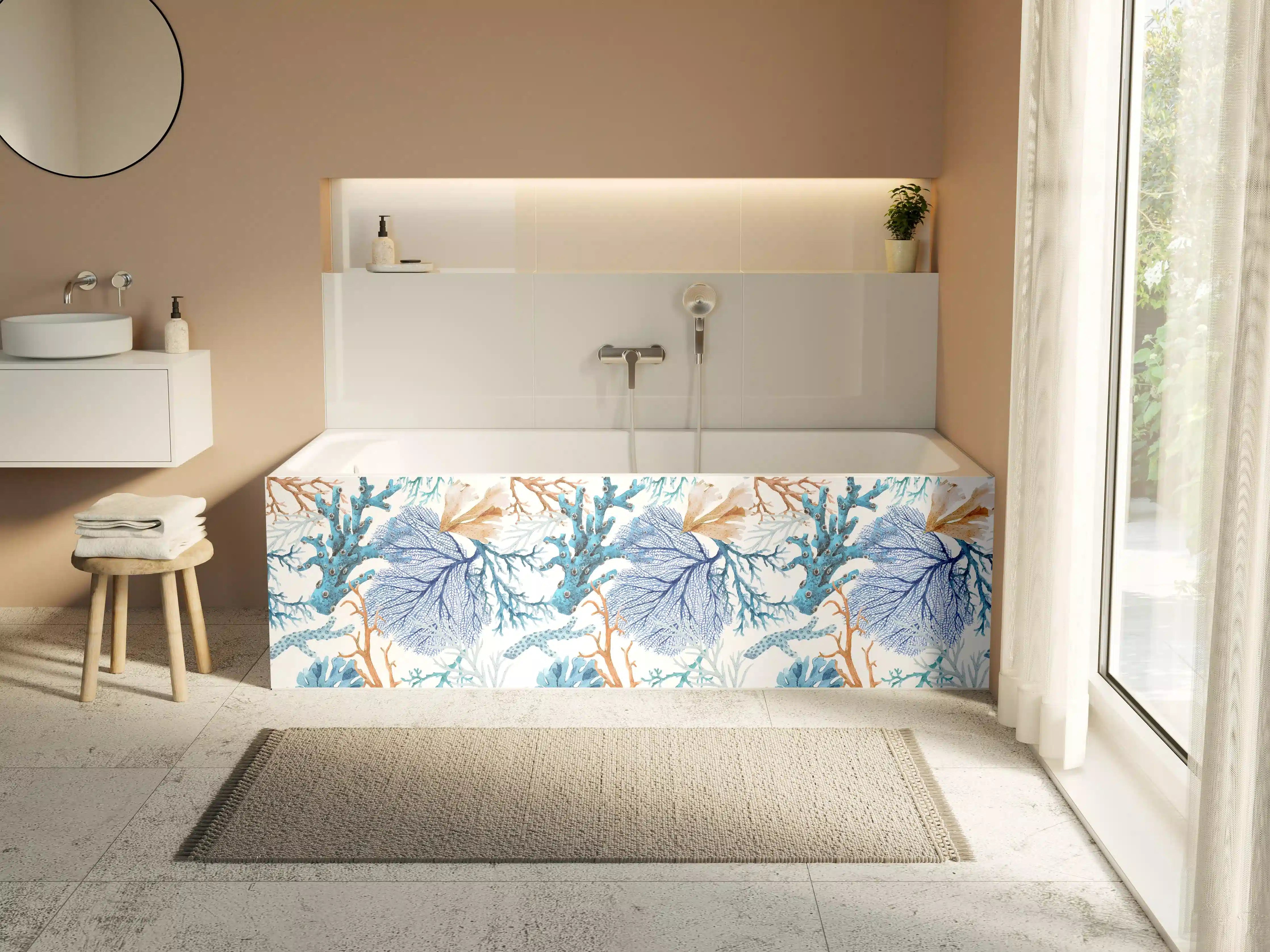 Badewannen-Rückwand - Blau-Beige Korallenmuster