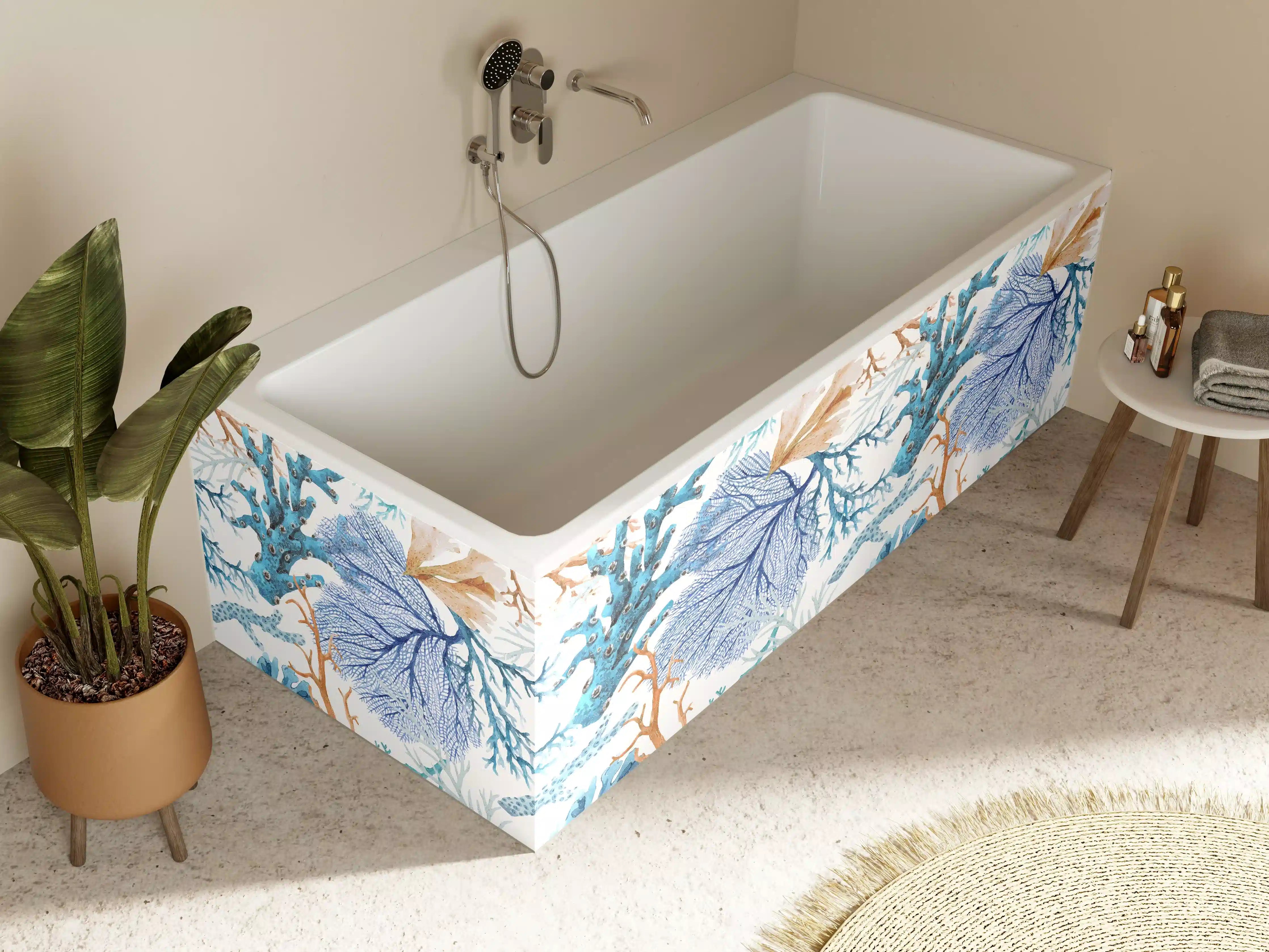 Badewannen-Rückwand - Blau-Beige Korallenmuster