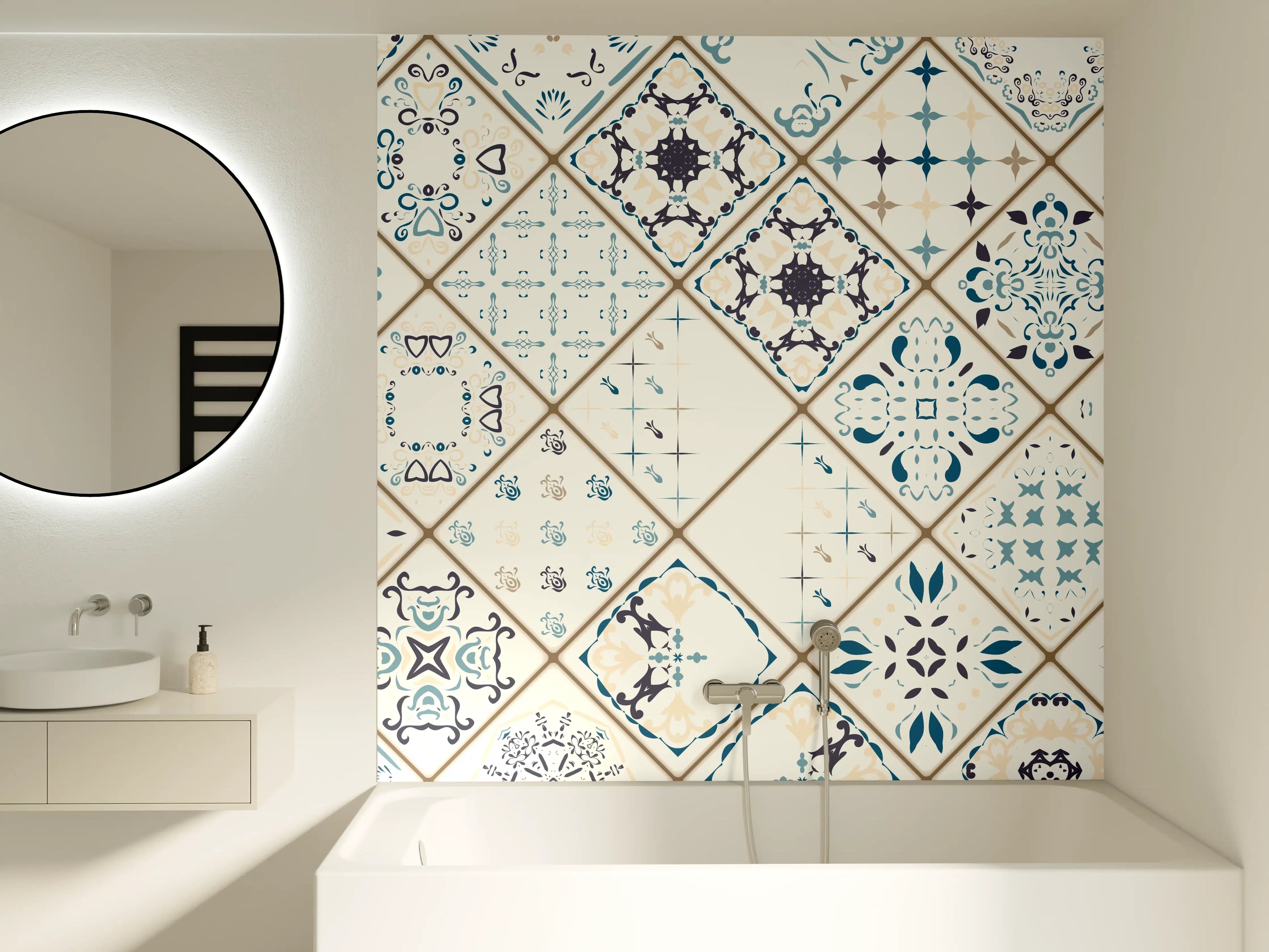 Badewannen-Rückwand - Blau-Beige Retro Fliesendesign