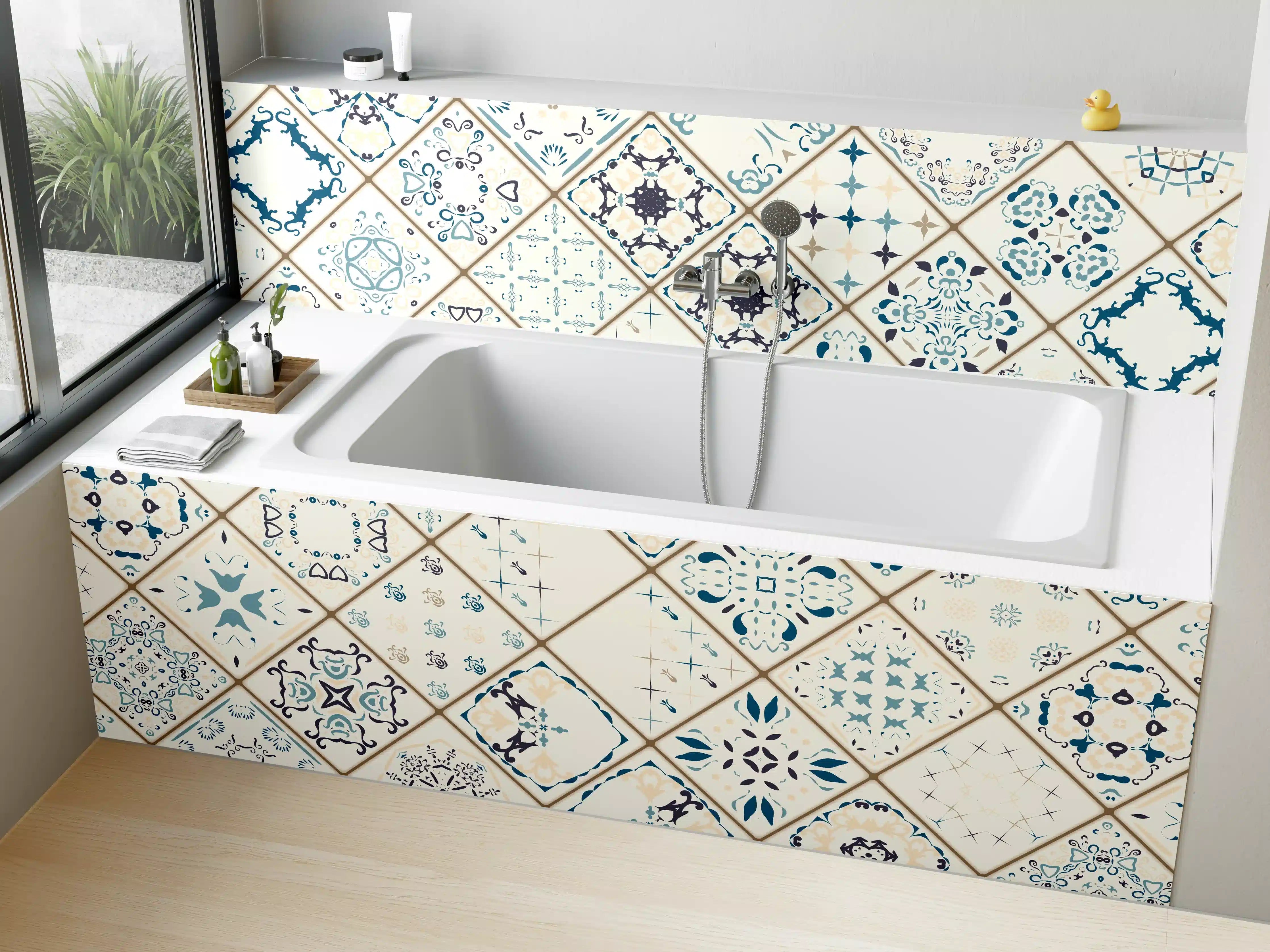 Badewannen-Rückwand - Blau-Beige Retro Fliesendesign