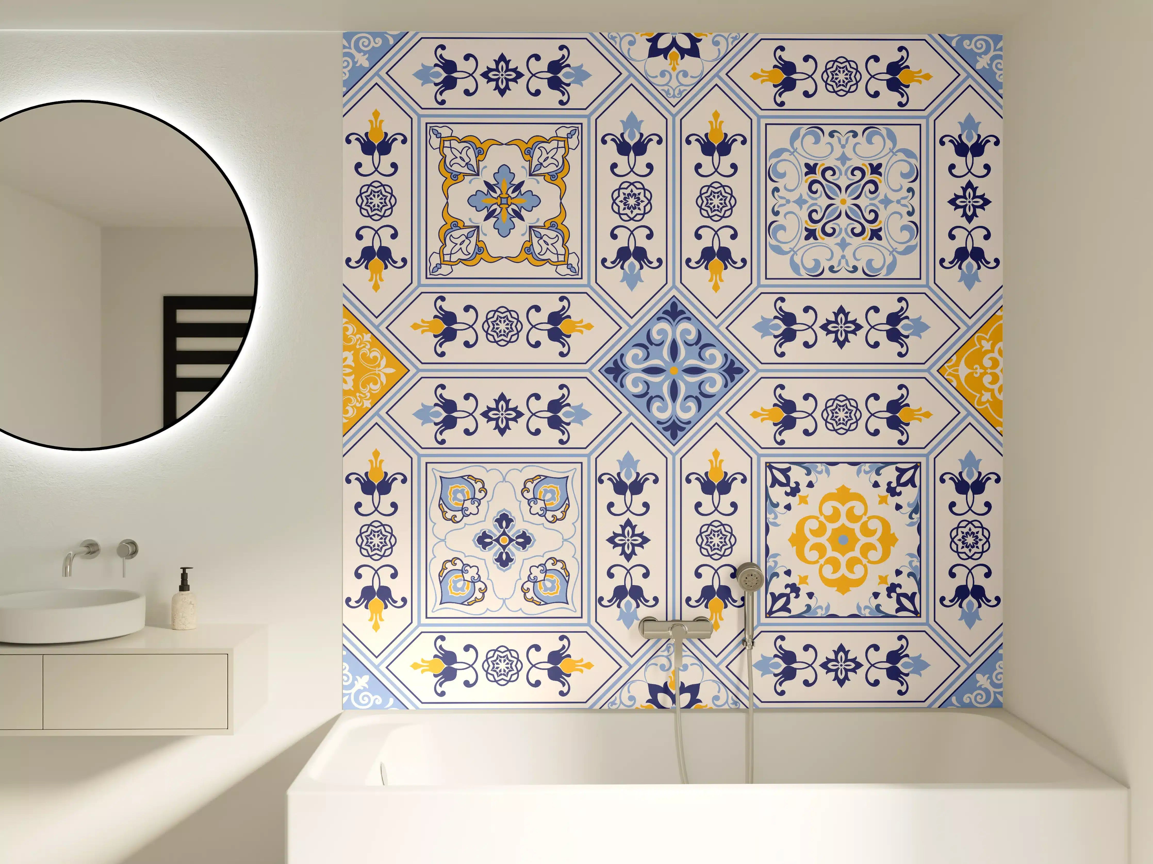 Badewannen-Rückwand - Blau-Gelbe Fliesen Muster
