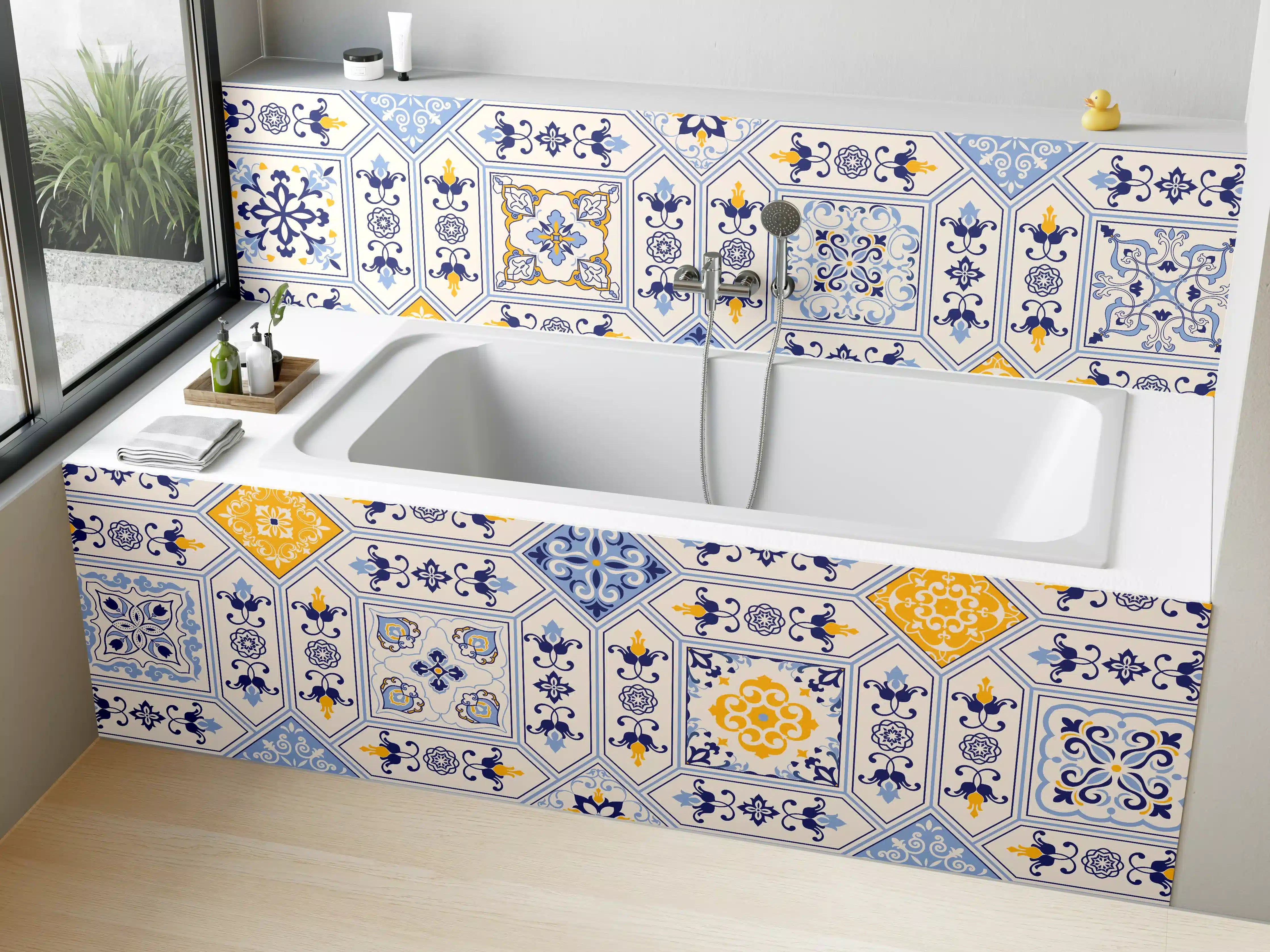Badewannen-Rückwand - Blau-Gelbe Fliesenmuster
