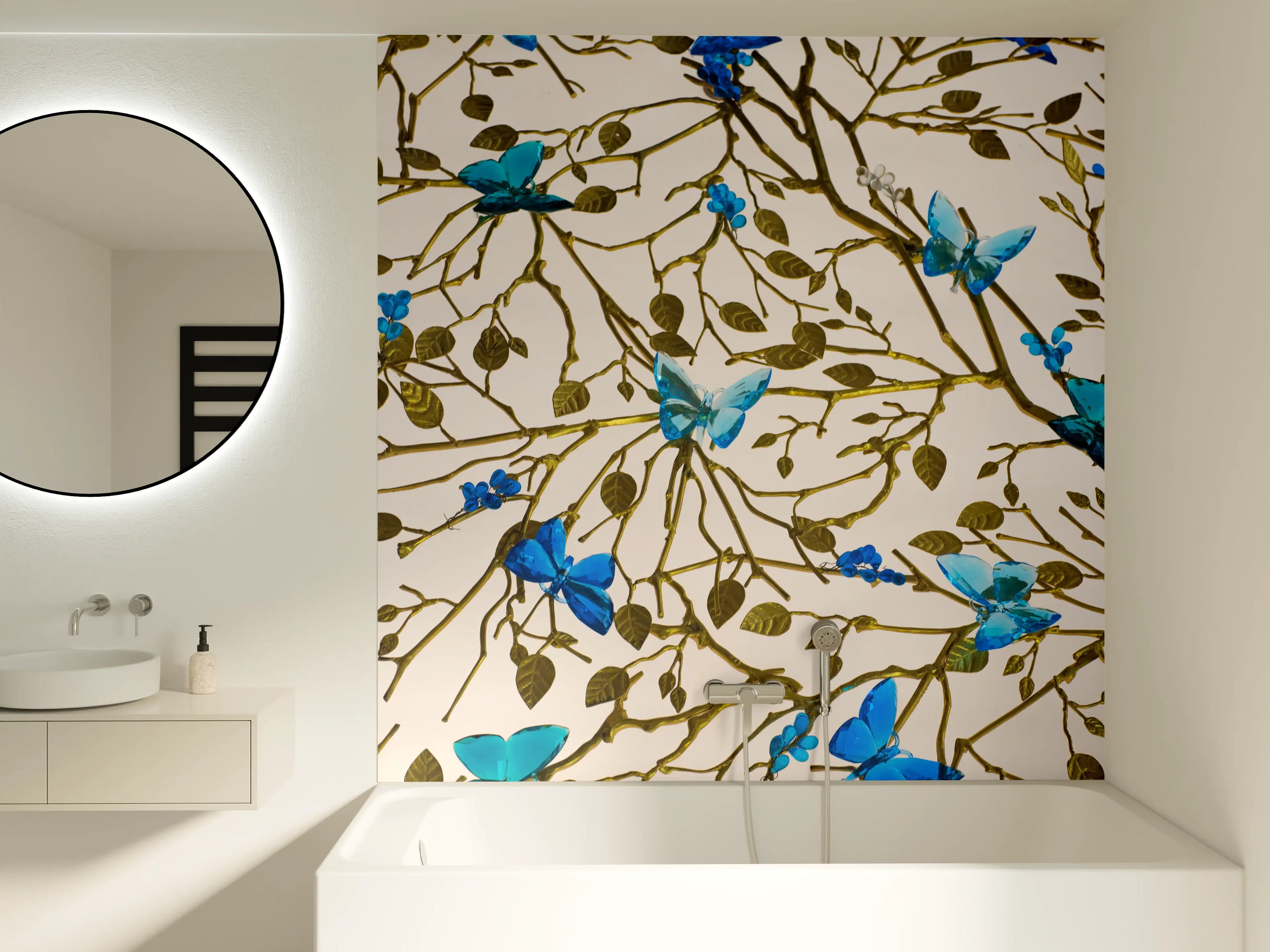 Badewannen-Rückwand - Blau-Goldenes Blumenmuster