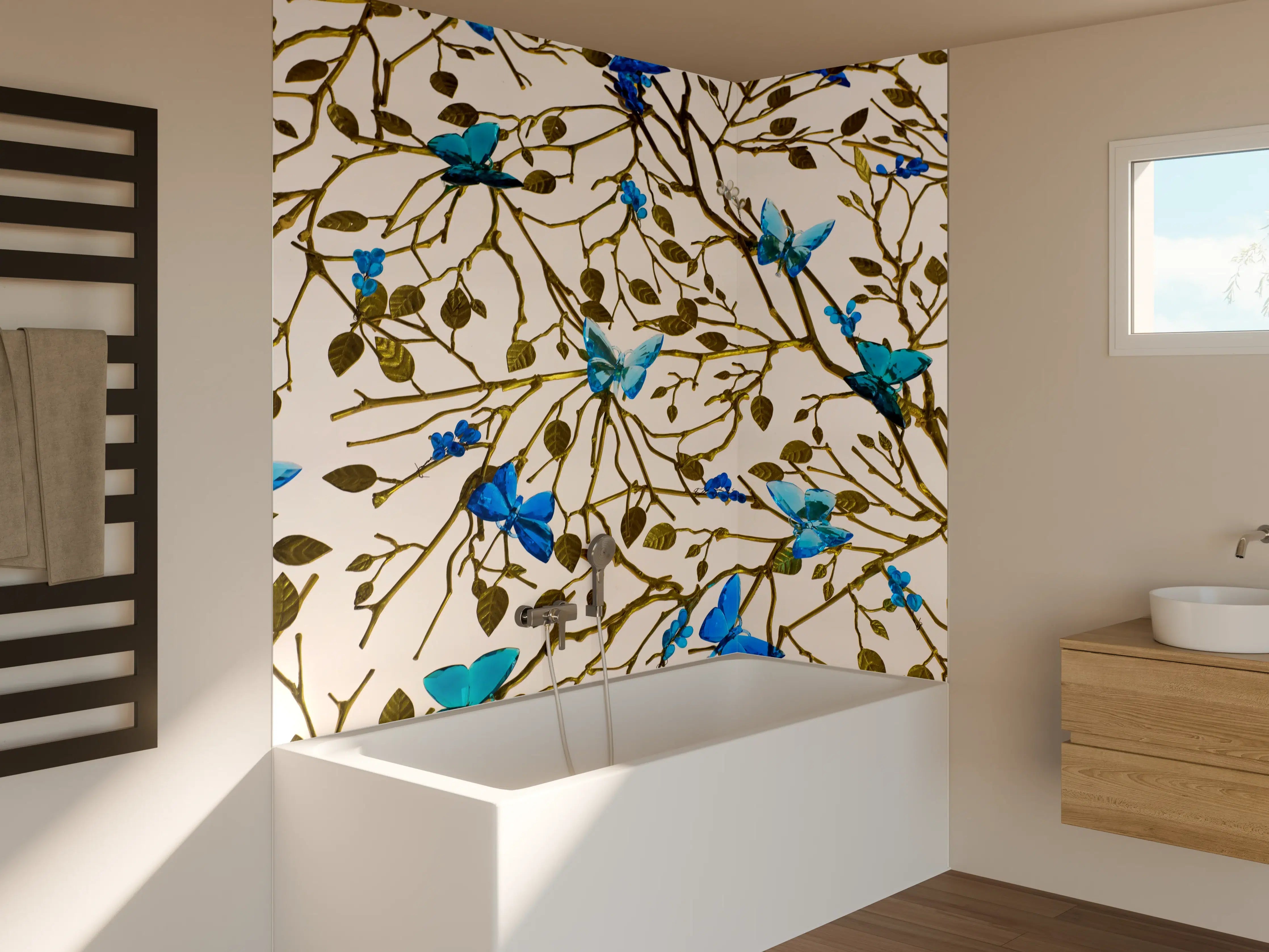 Badewannen-Rückwand - Blau-Goldenes Blumenmuster