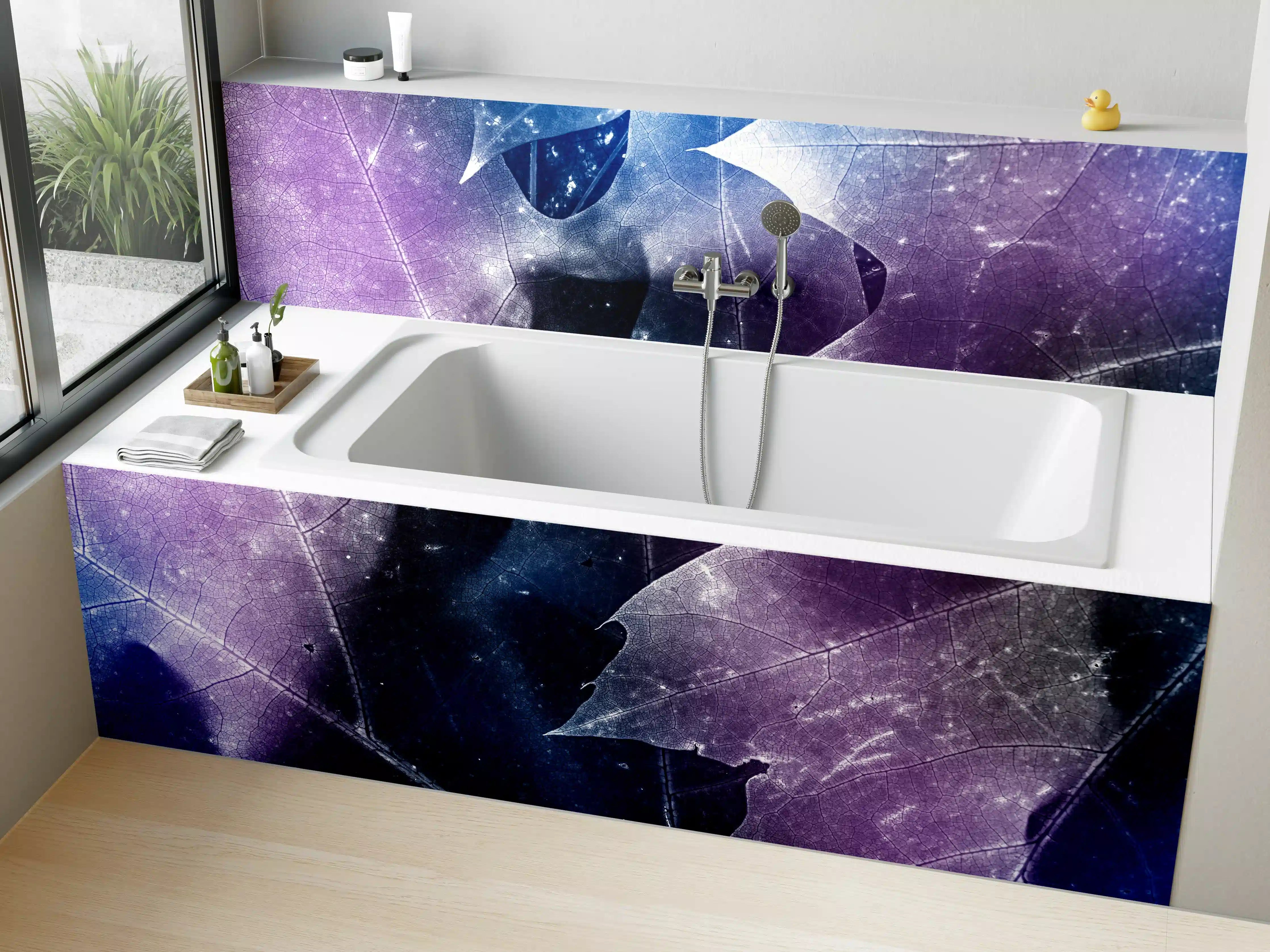 Badewannen-Rückwand - Blau-Lila Blättertextur