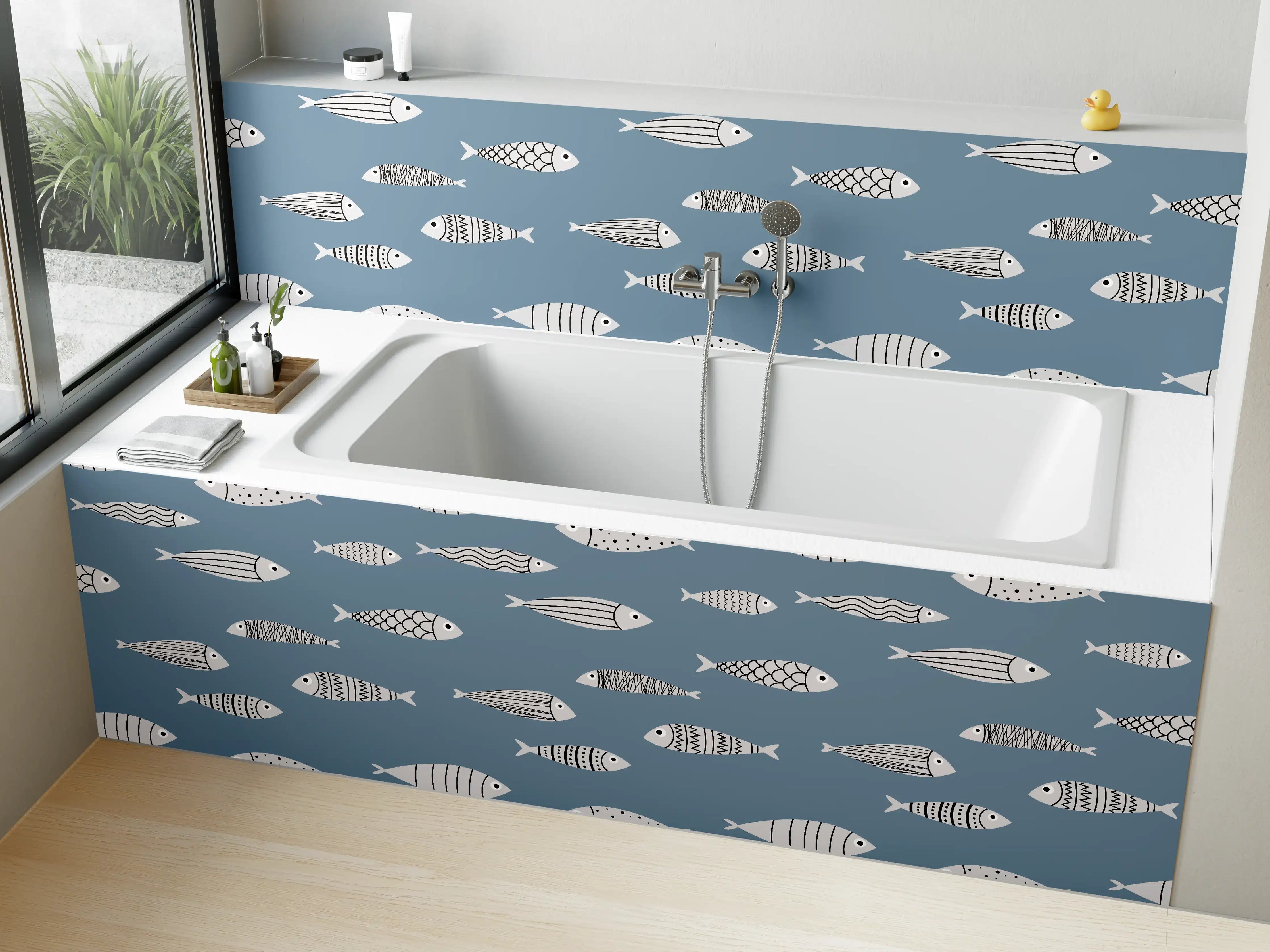 Badewannen-Rückwand - Blau-Weiß Fischmuster
