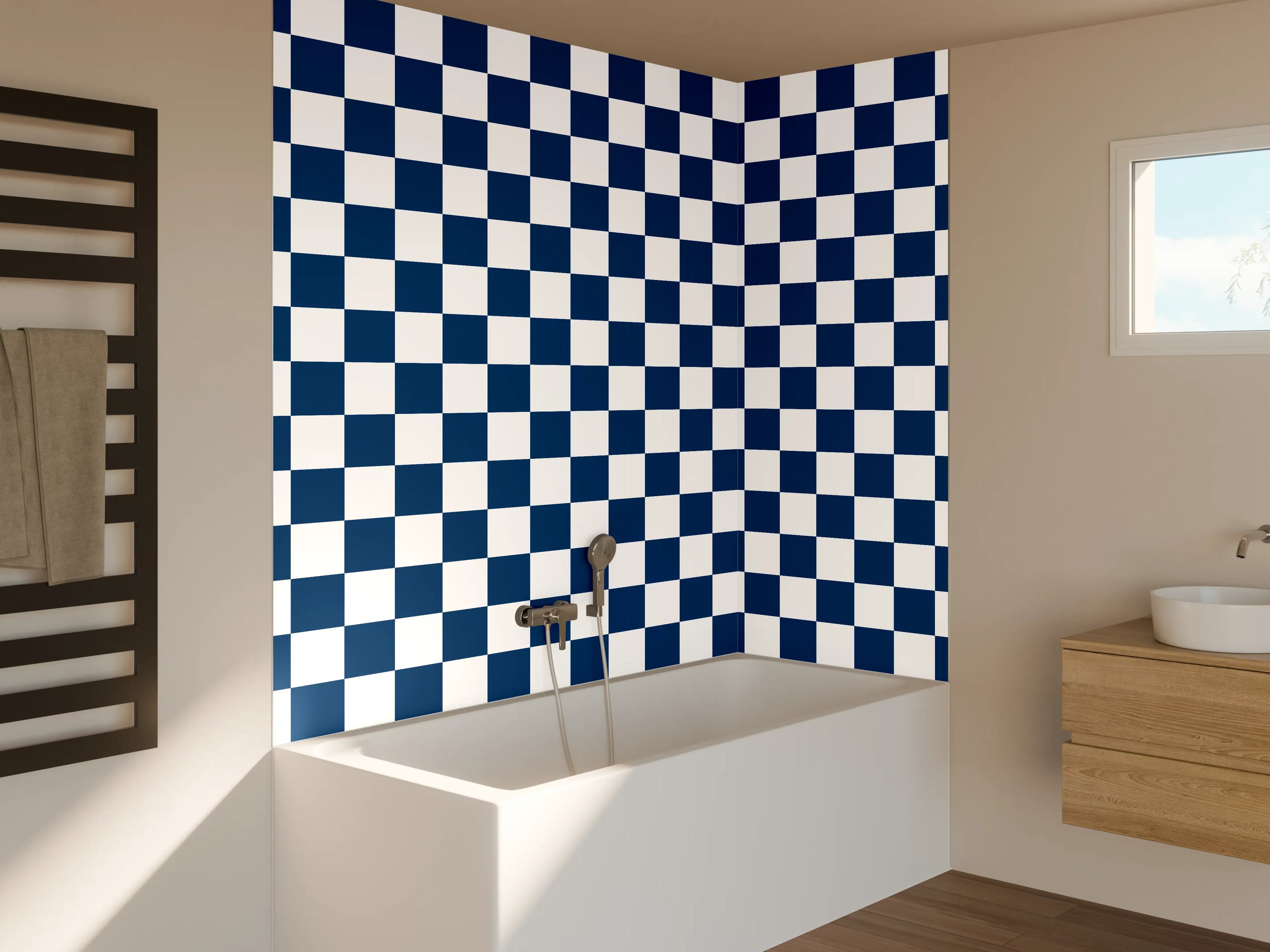 Badewannen-Rückwand - Blau-Weiße Karos Musterwand