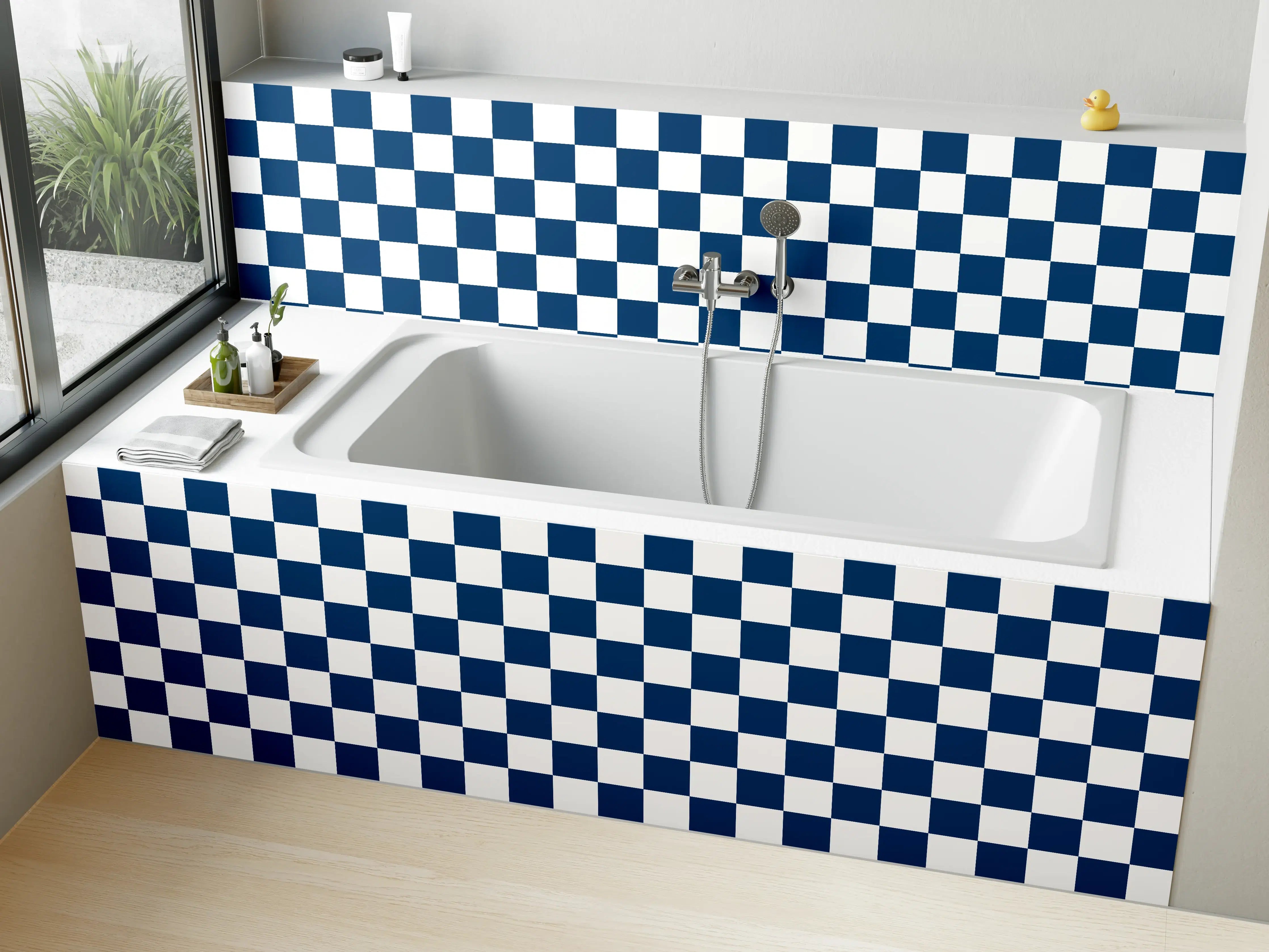 Badewannen-Rückwand - Blau-Weiße Karos Musterwand