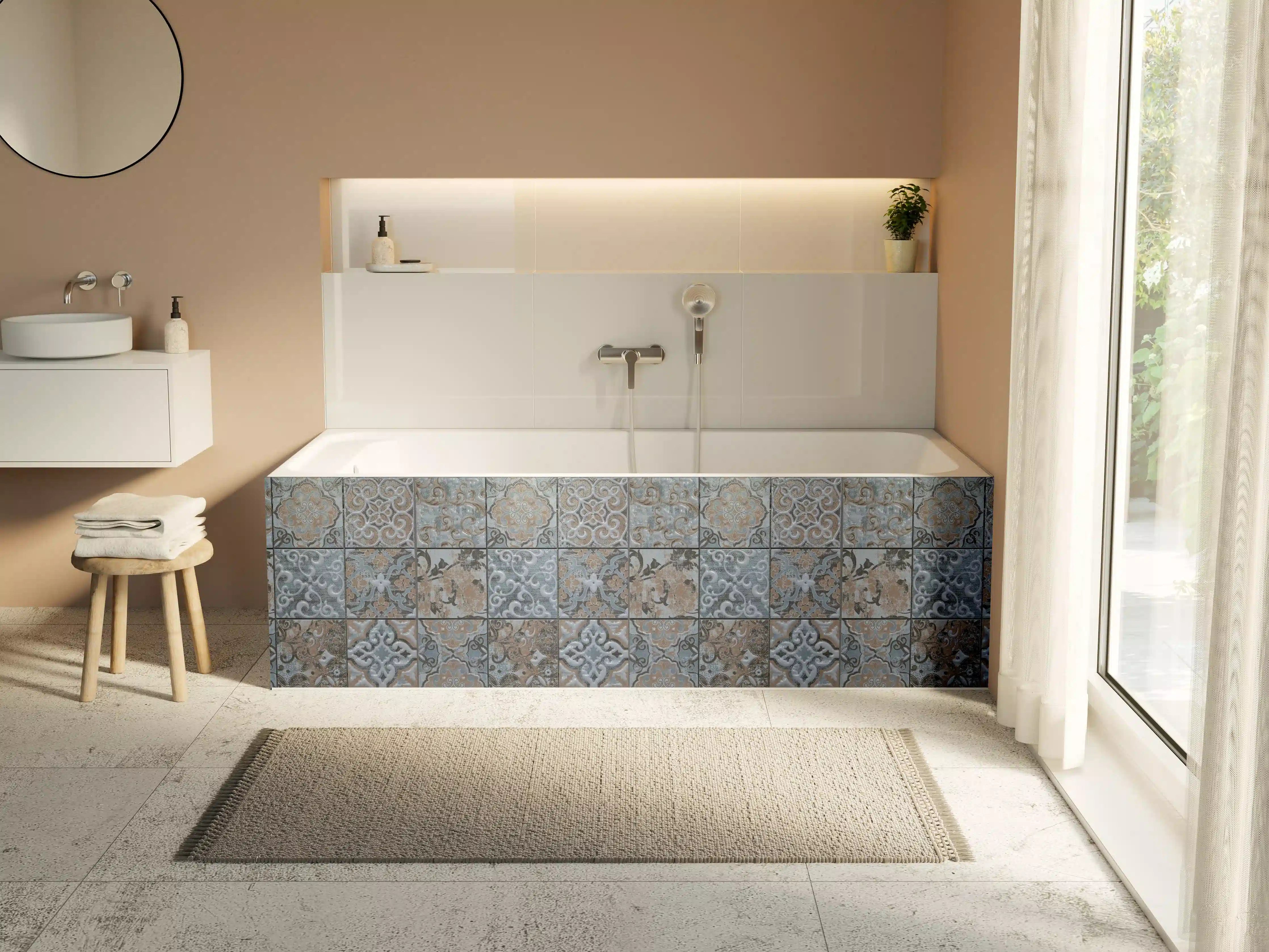 Badewannen-Rückwand - Blau geometrische Mosaik Fliesen