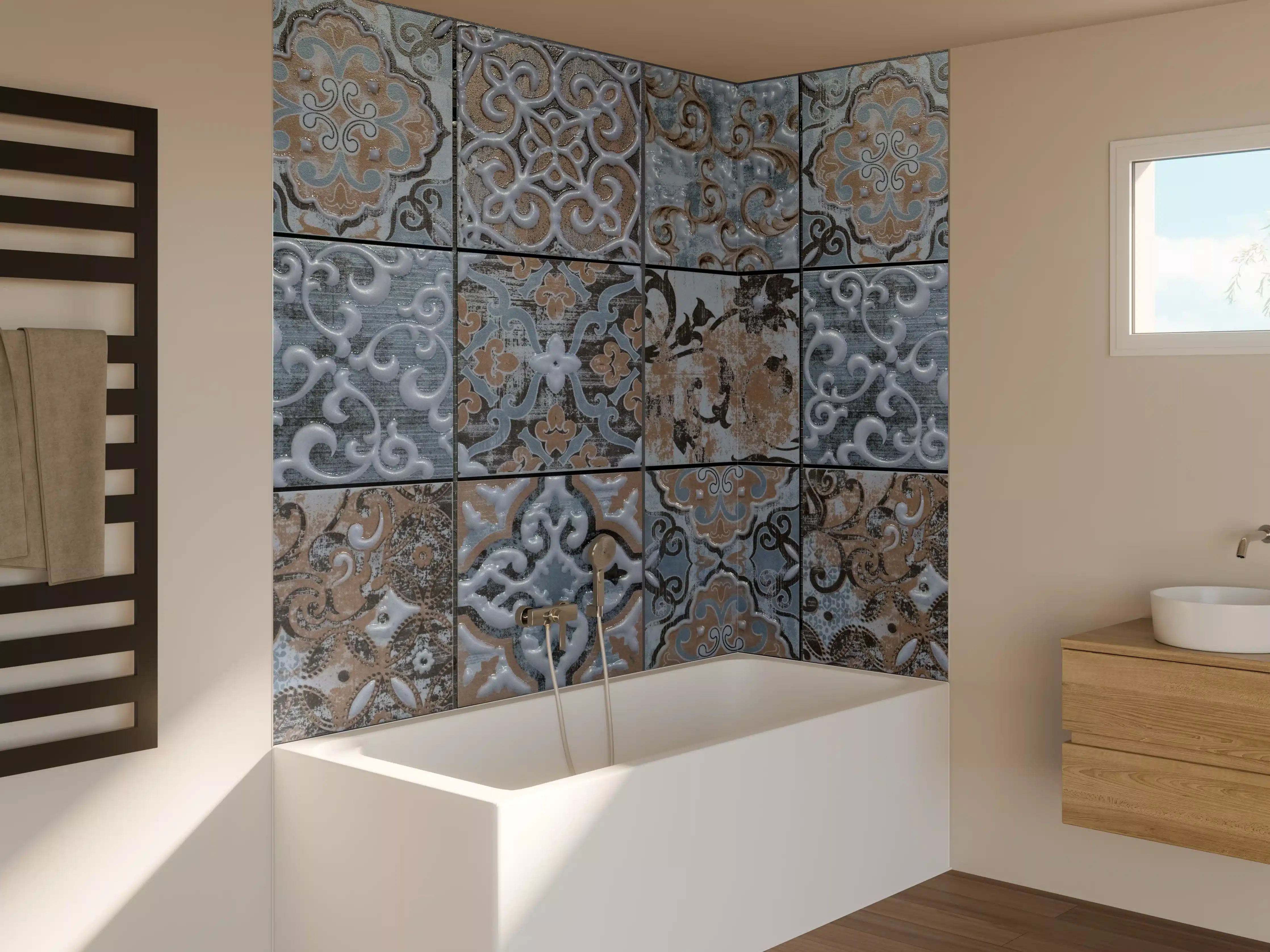Badewannen-Rückwand - Blau geometrische Mosaik Fliesen