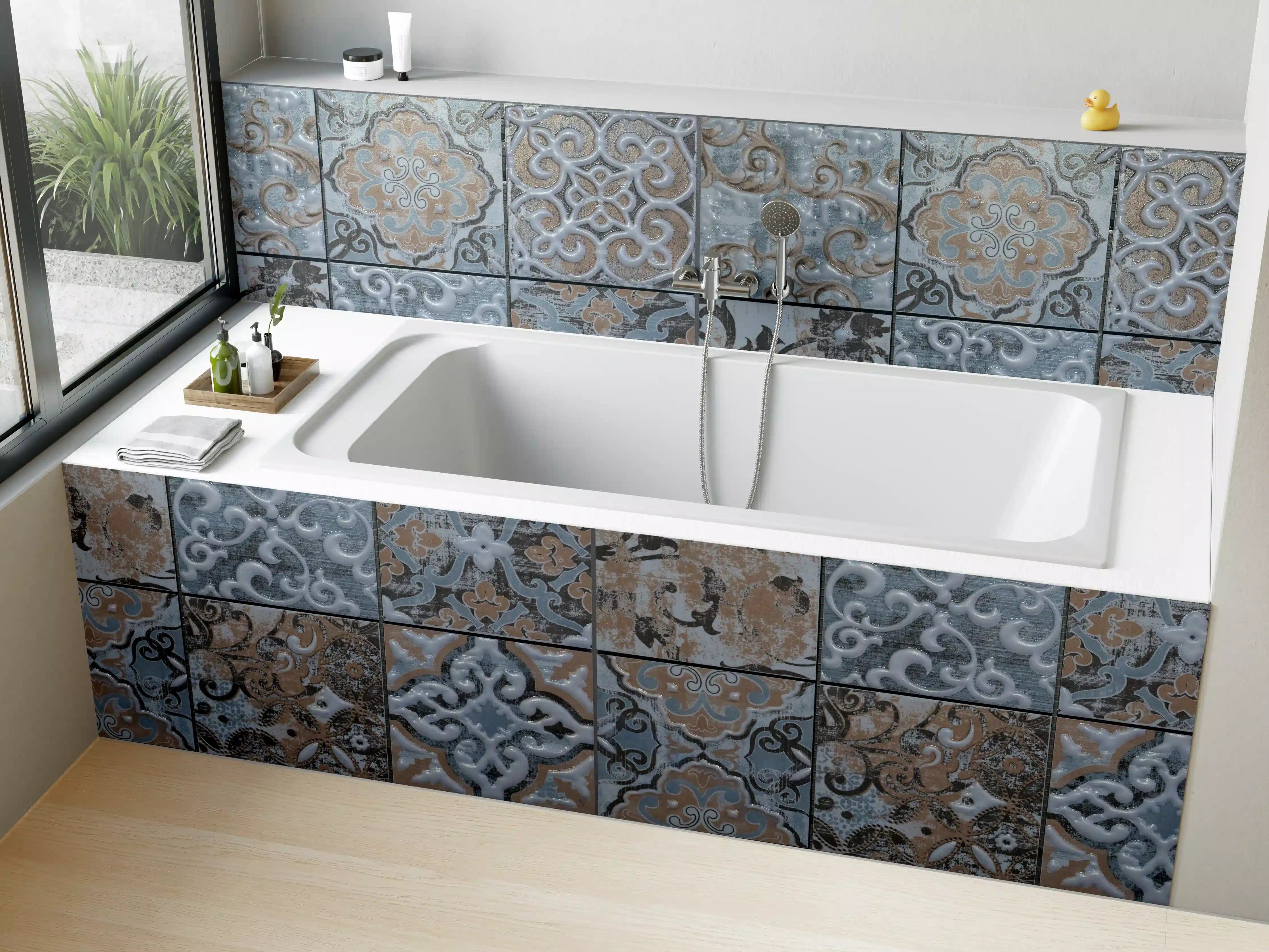 Badewannen-Rückwand - Blau geometrische Mosaik Fliesen