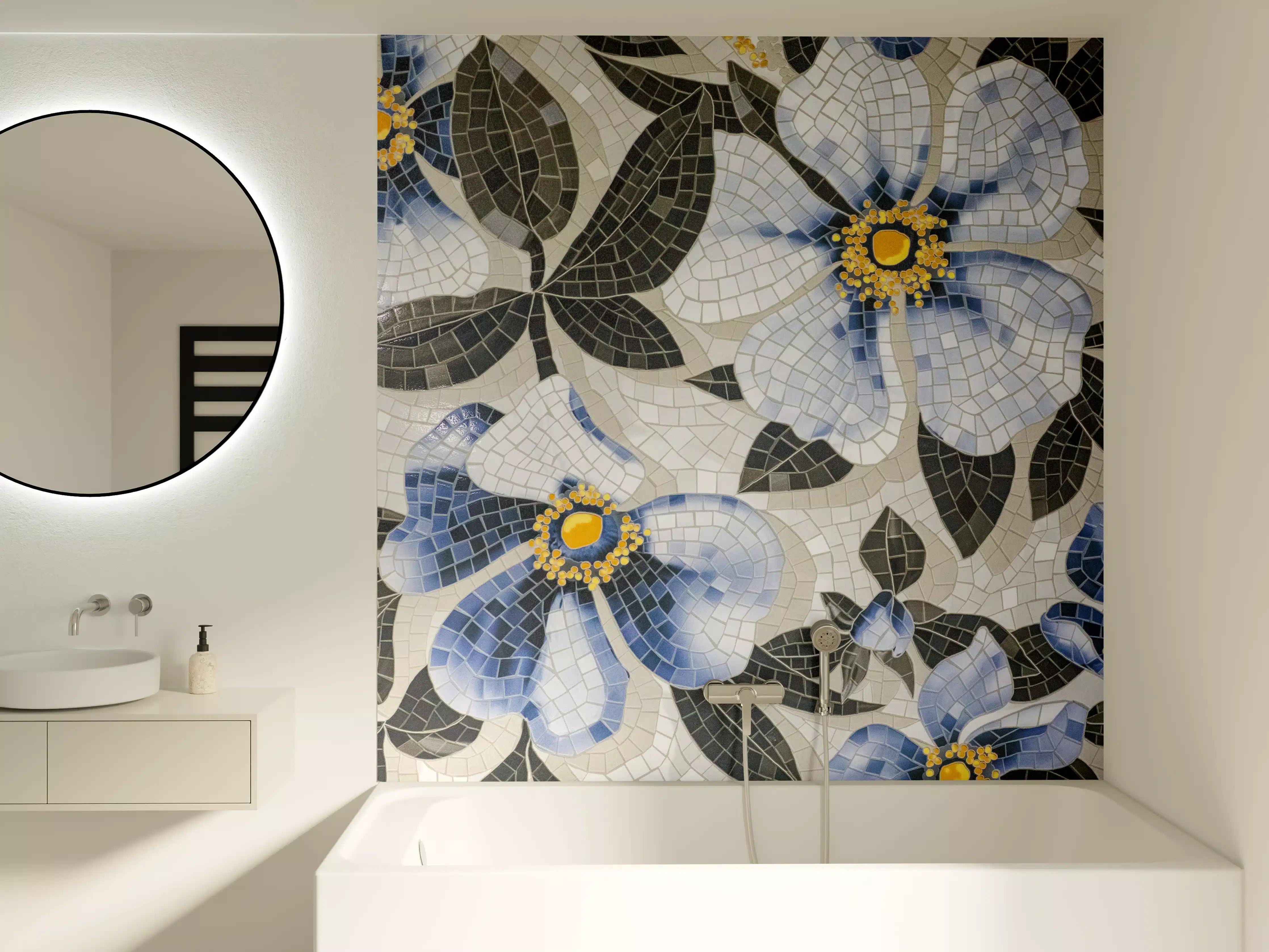 Badewannen-Rückwand - Blaue Blumen Mosaikfliesen