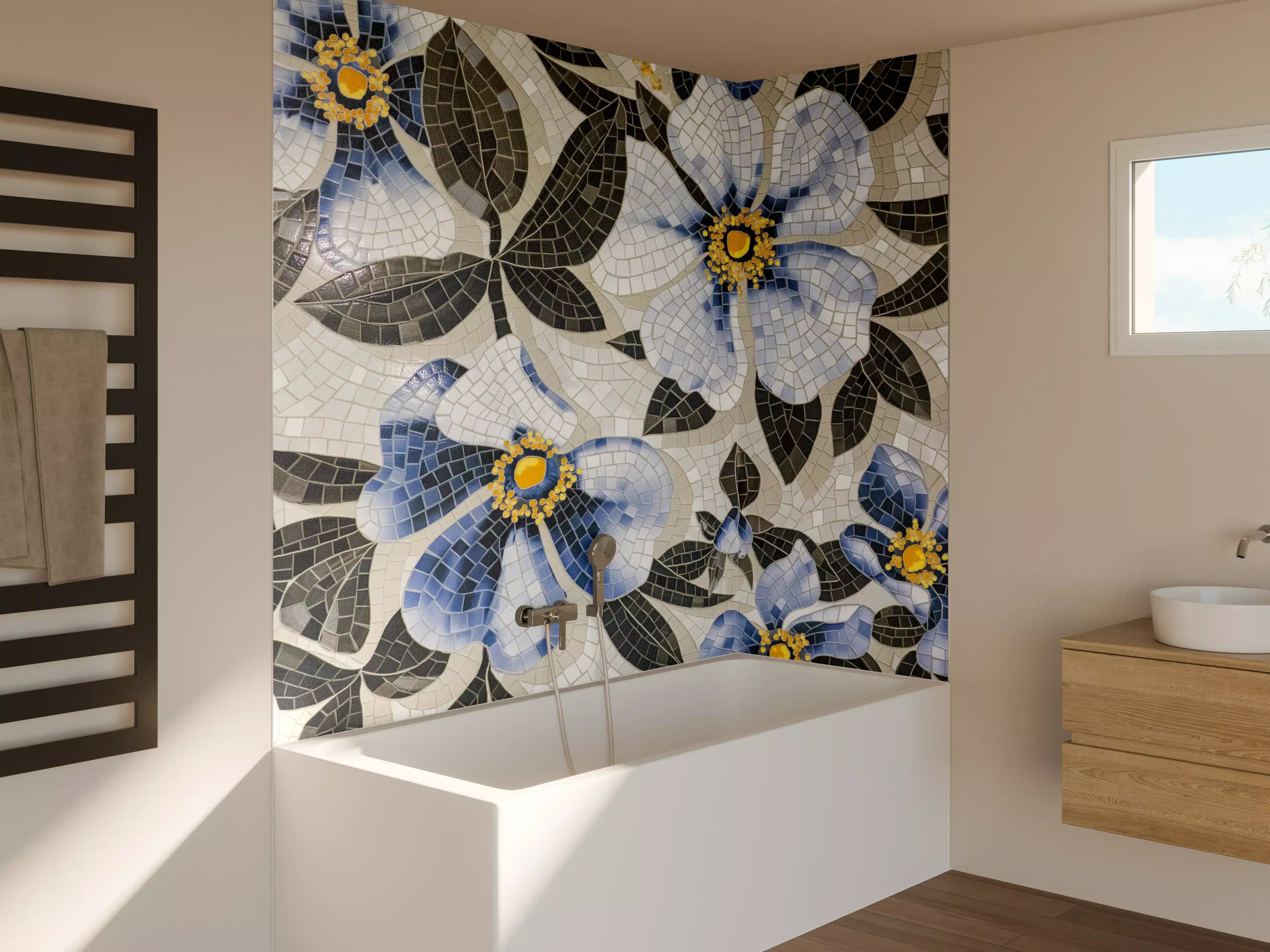 Badewannen-Rückwand - Blaue Blumen Mosaikfliesen