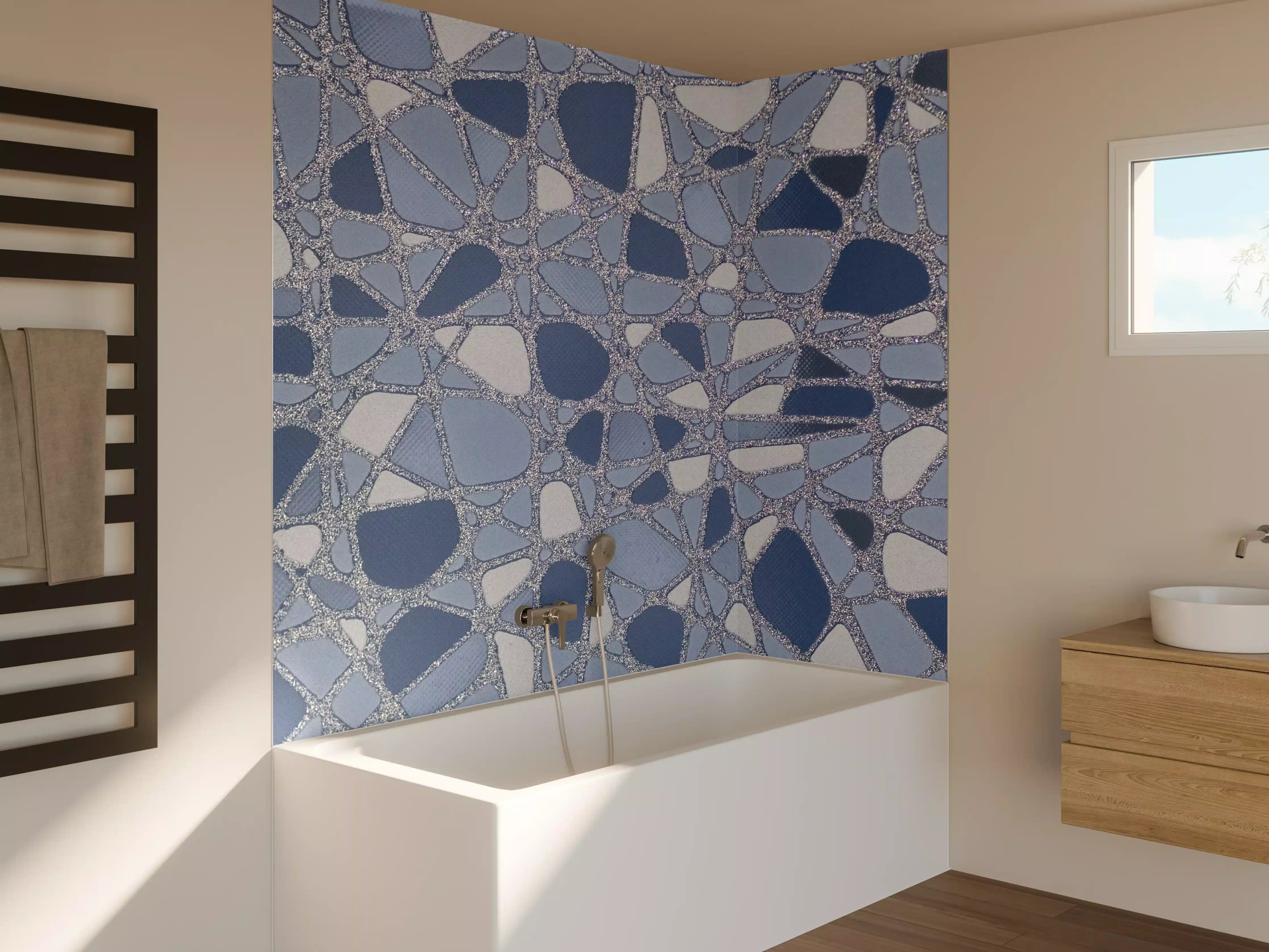 Badewannen-Rückwand - Blaue Mosaik-Textur mit Grau- und Blautönen