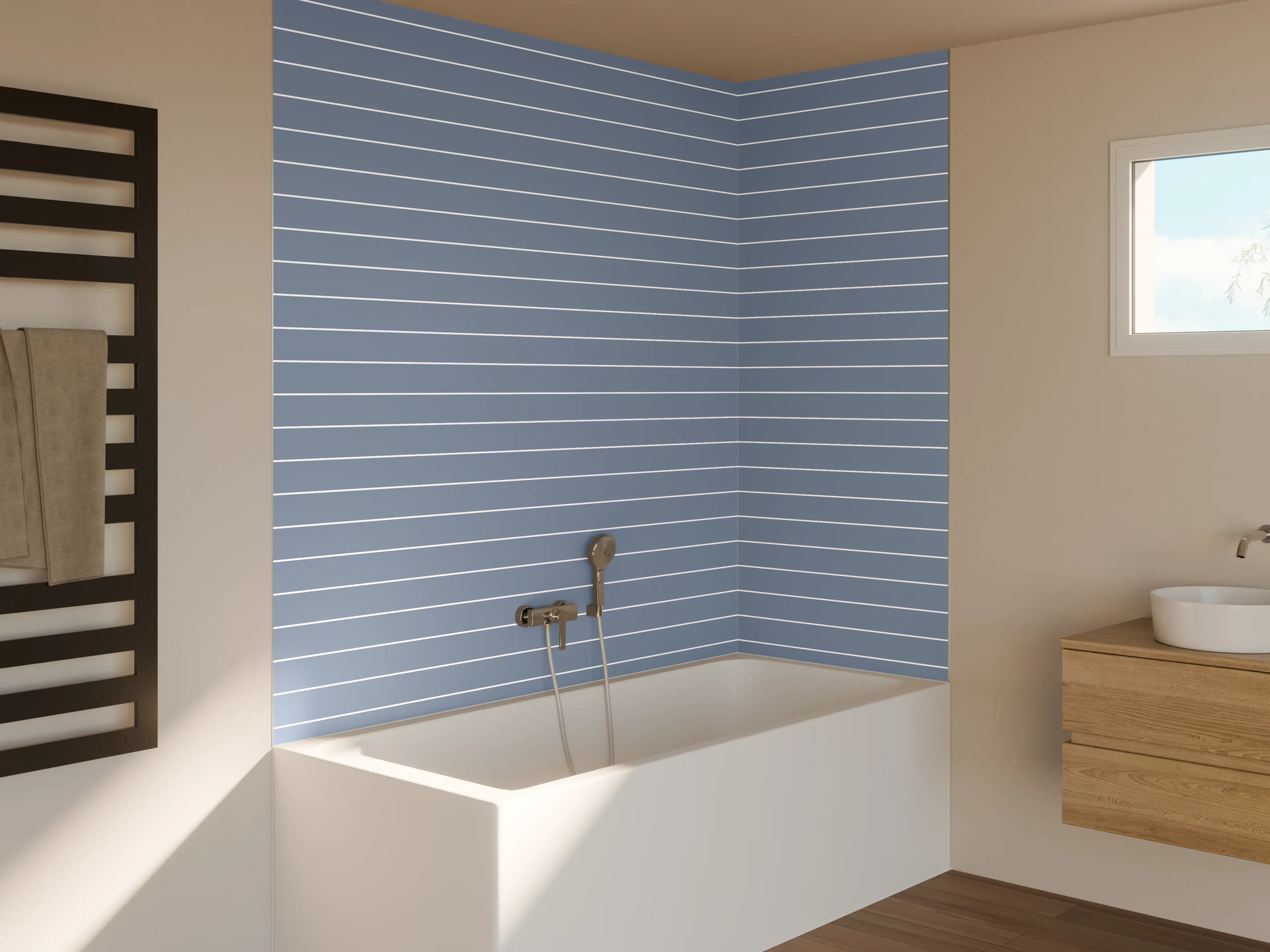 Badewannen-Rückwand - Blaue Streifen Wand mit Metallstruktur