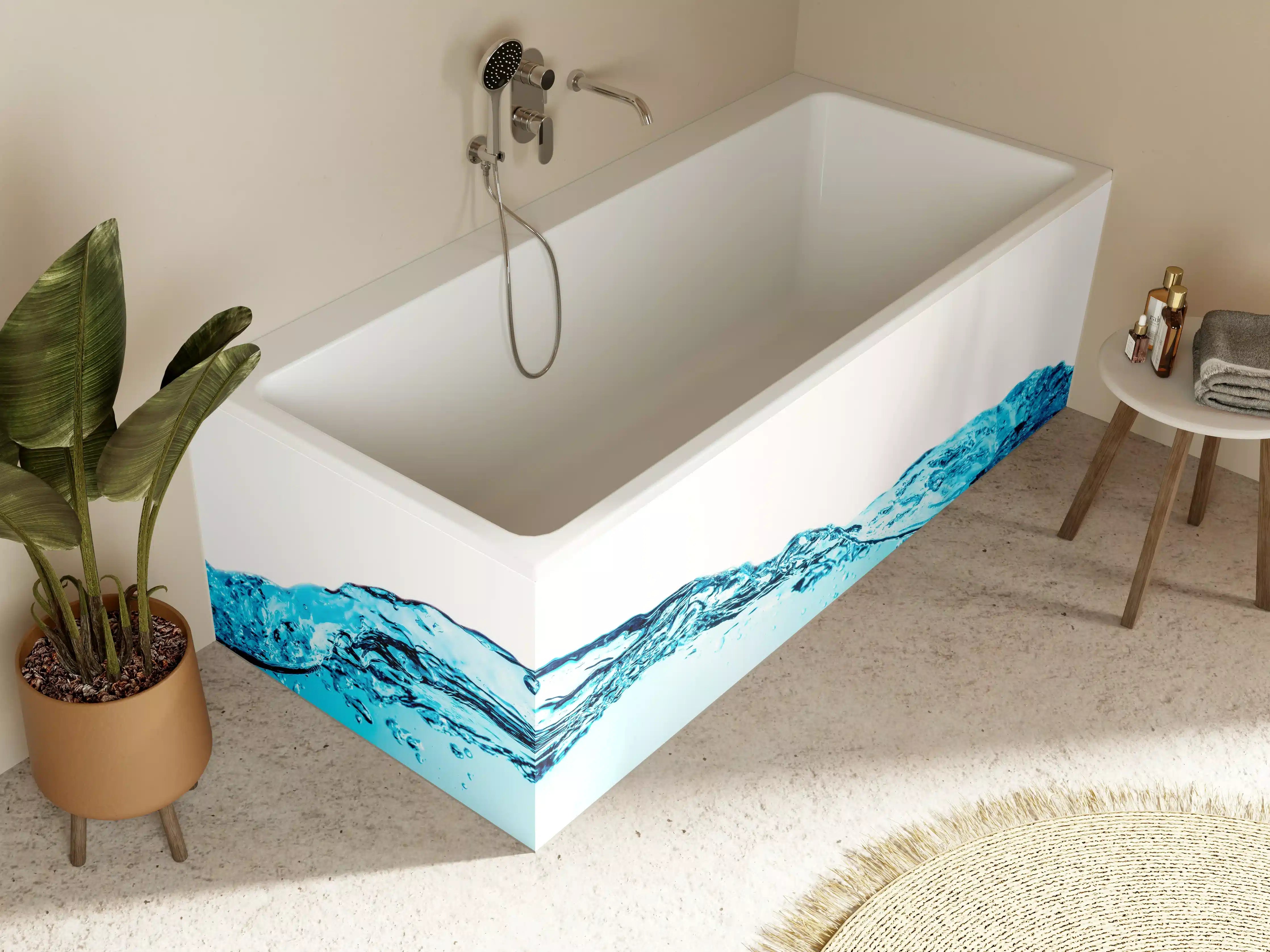 Badewannen-Rückwand - Blaue Wasserwelle mit Bläschen