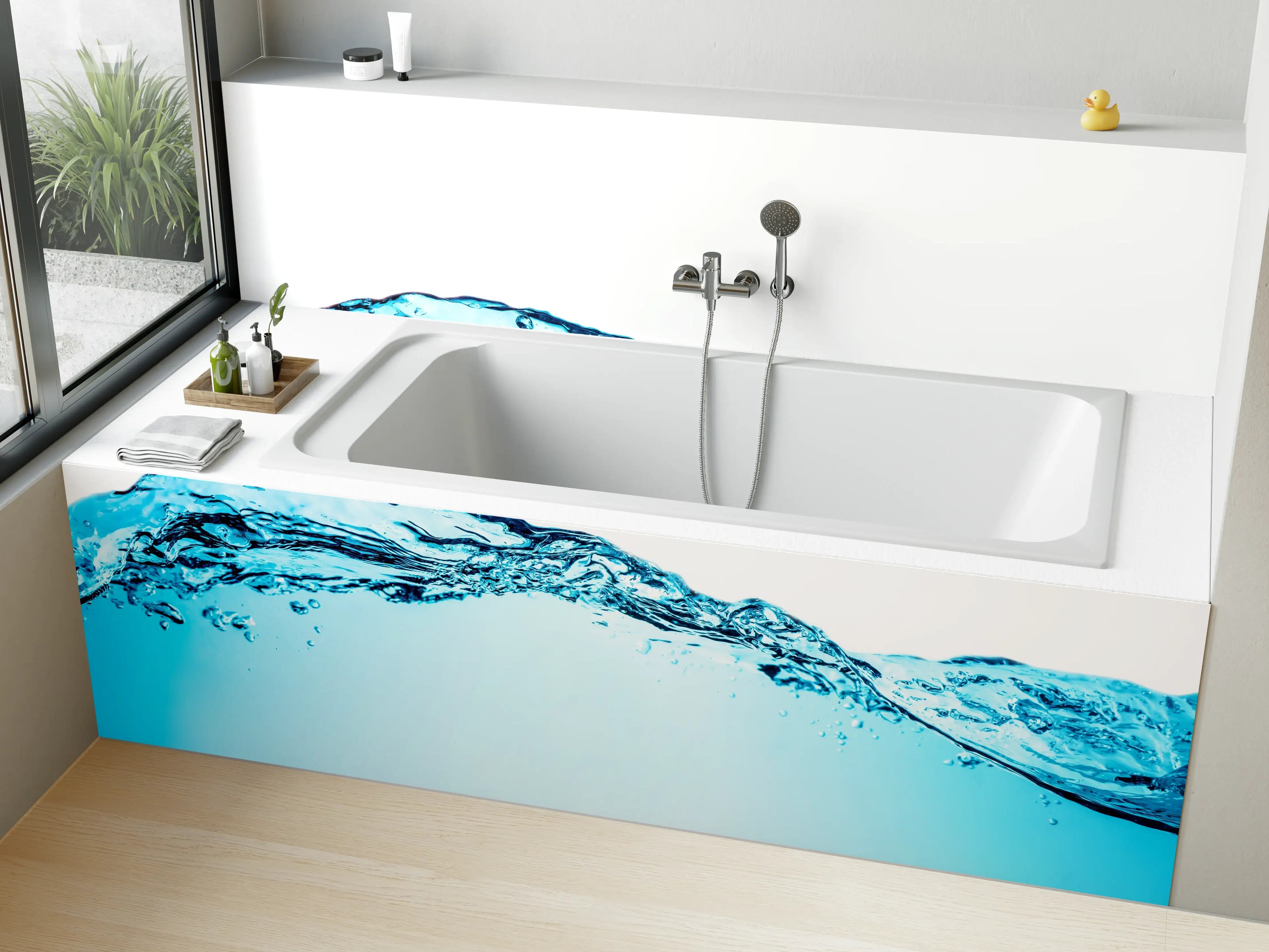 Badewannen-Rückwand - Blaue Wasserwelle mit Bläschen