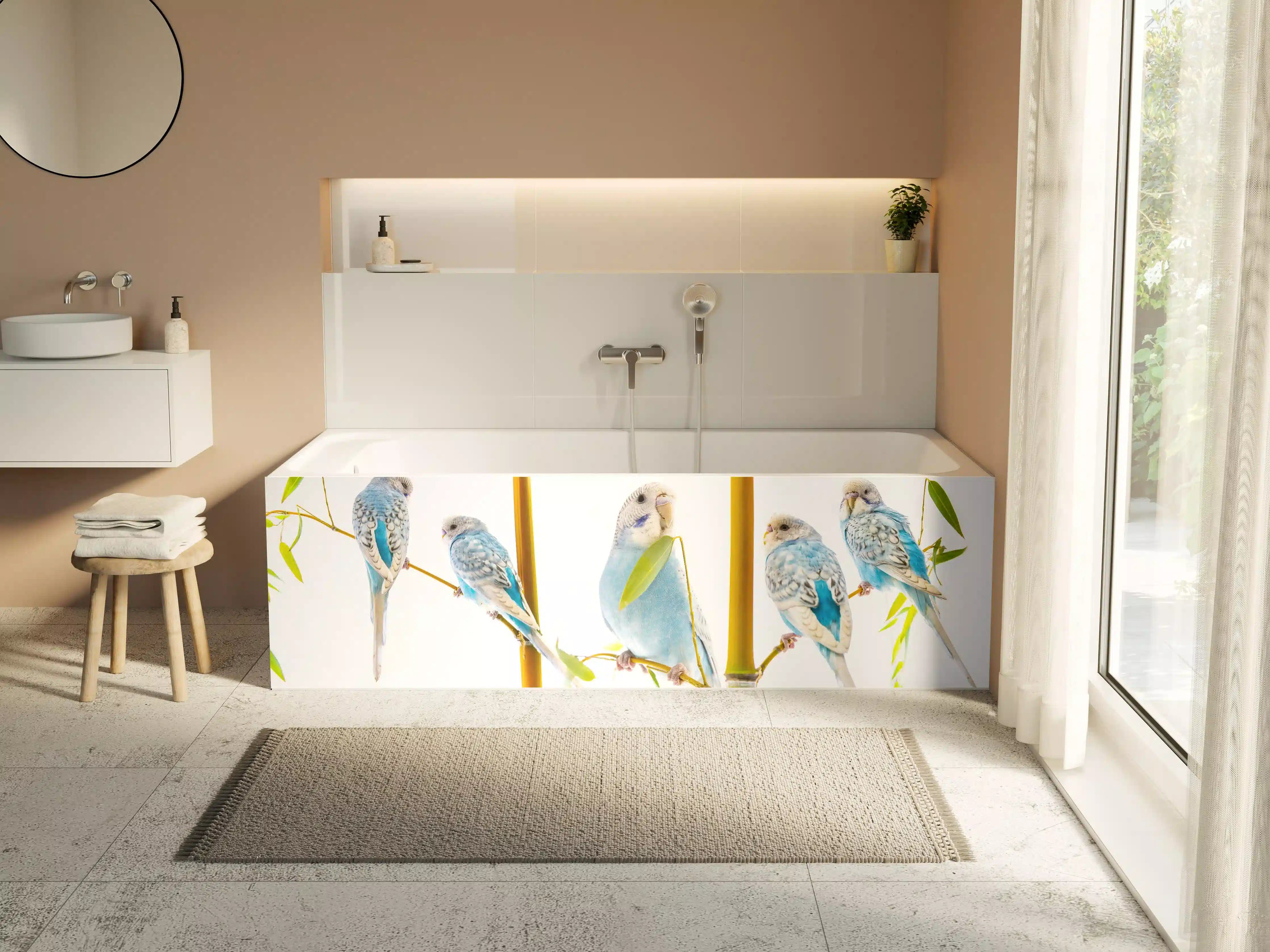 Badewannen-Rückwand - Blaue gewellte Papageien auf weißem Hintergrund