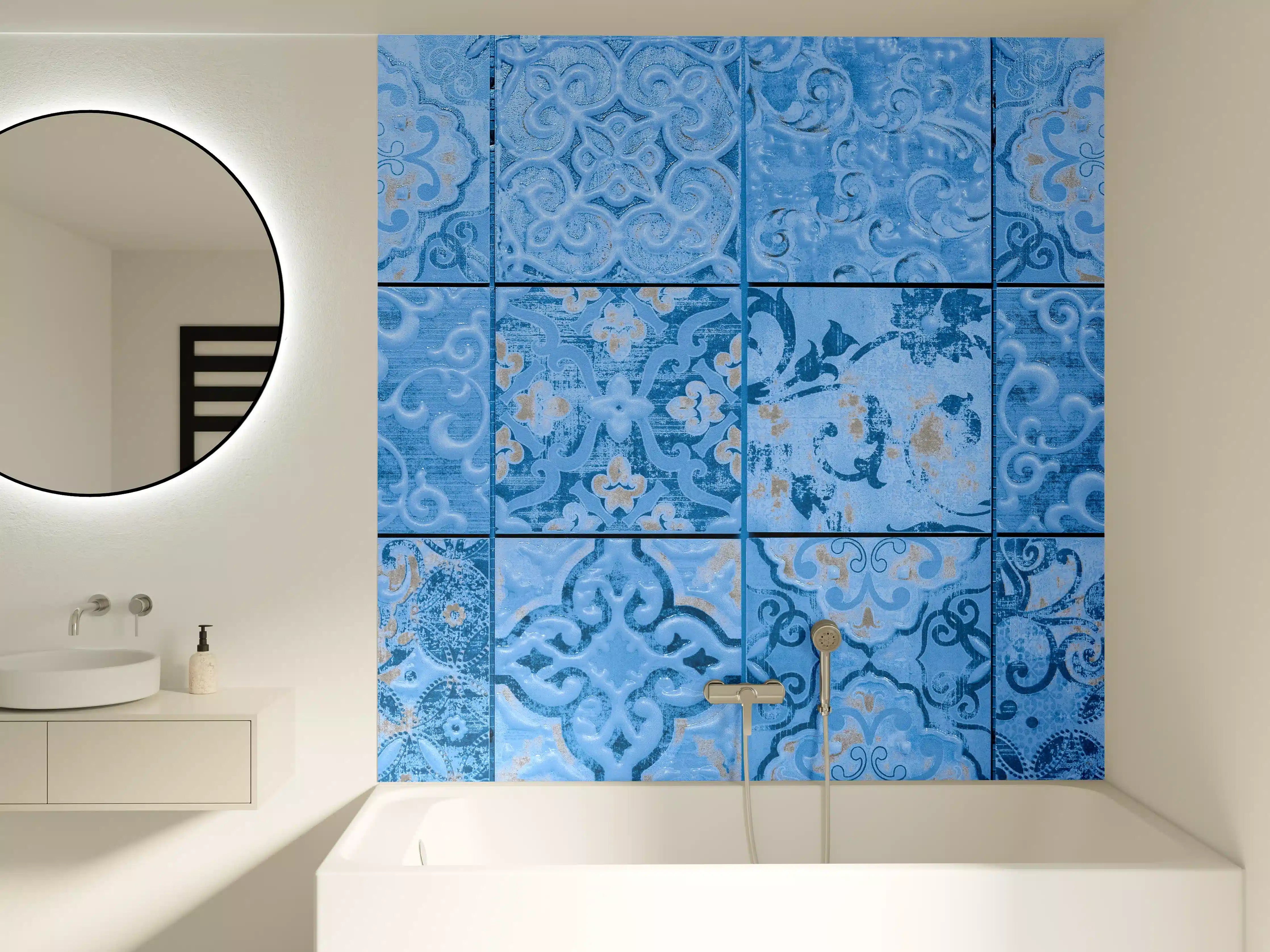 Badewannen-Rückwand - Blaue rechteckige Vintage Zementfliesen