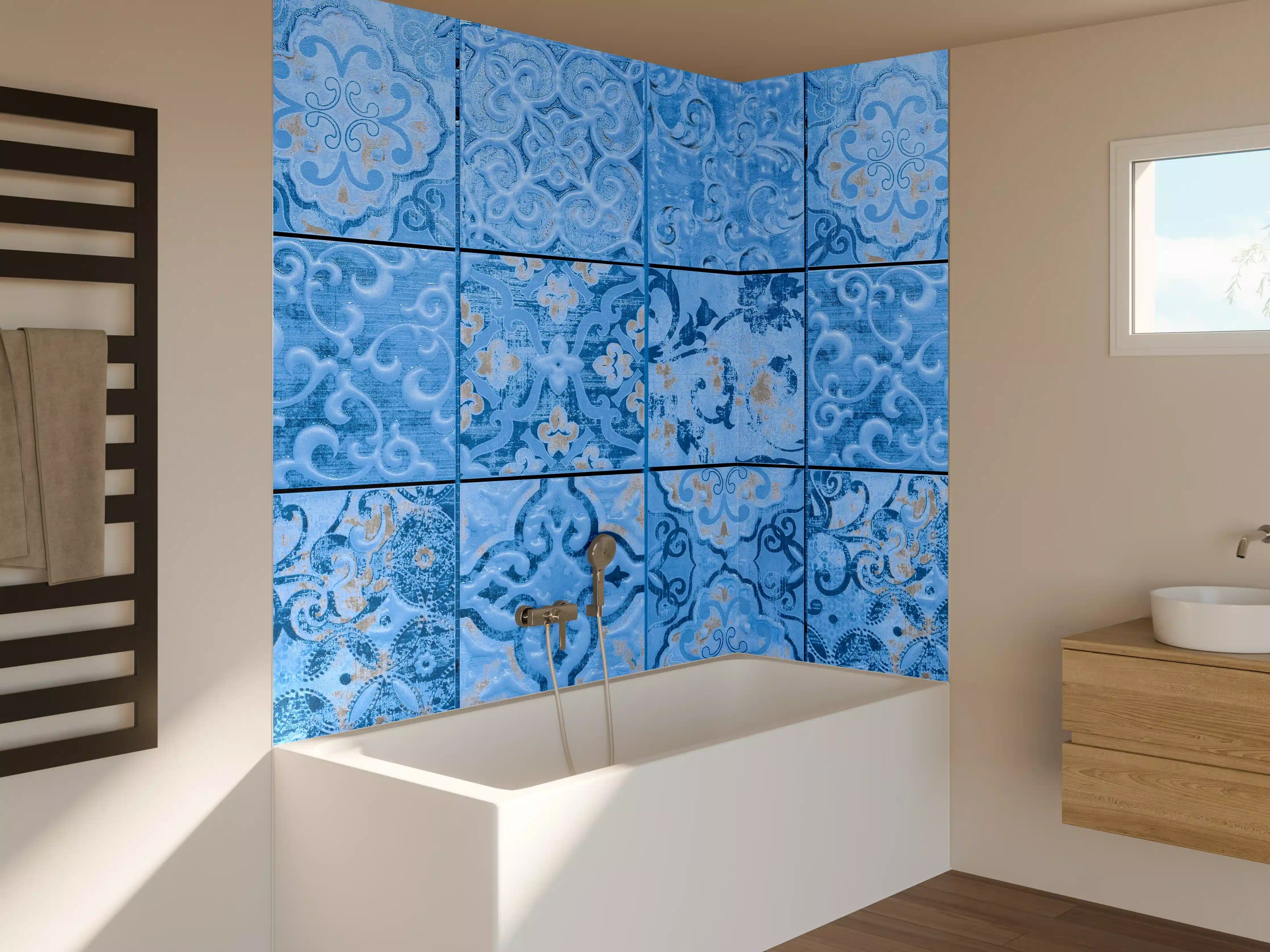 Badewannen-Rückwand - Blaue rechteckige Vintage Zementfliesen