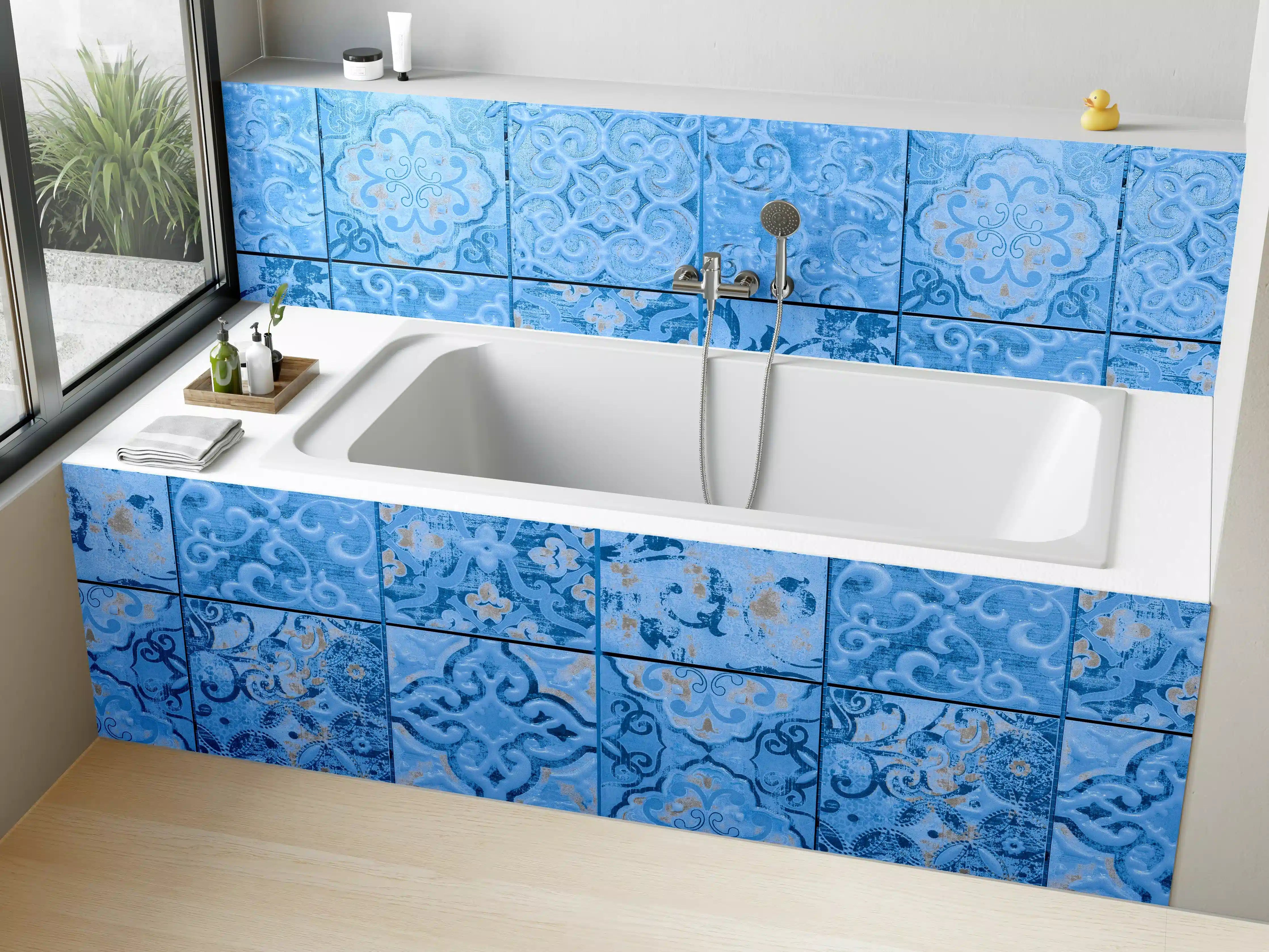 Badewannen-Rückwand - Blaue rechteckige Vintage Zementfliesen