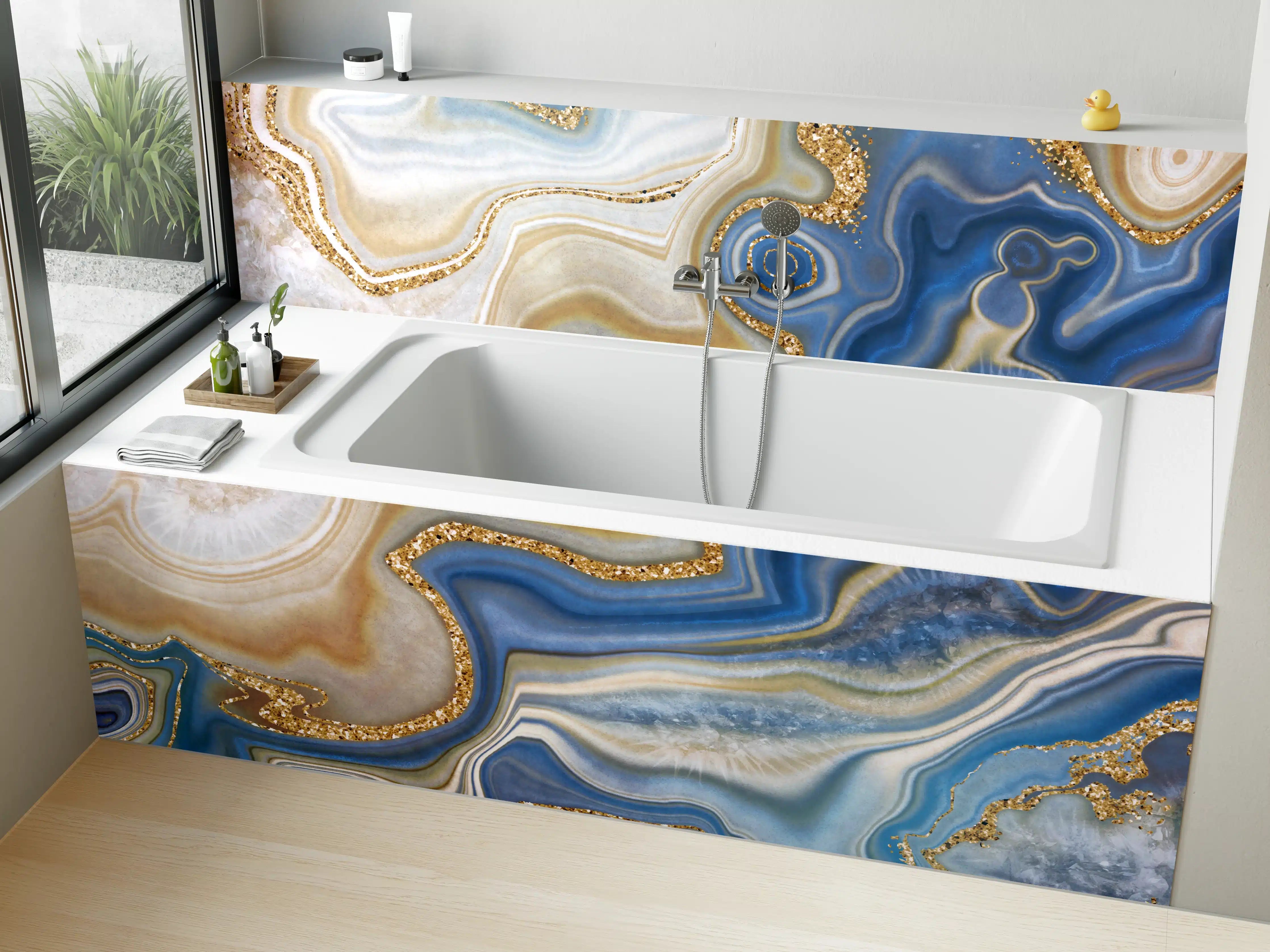 Badewannen-Rückwand - Blaue und goldene Marmor-Textur