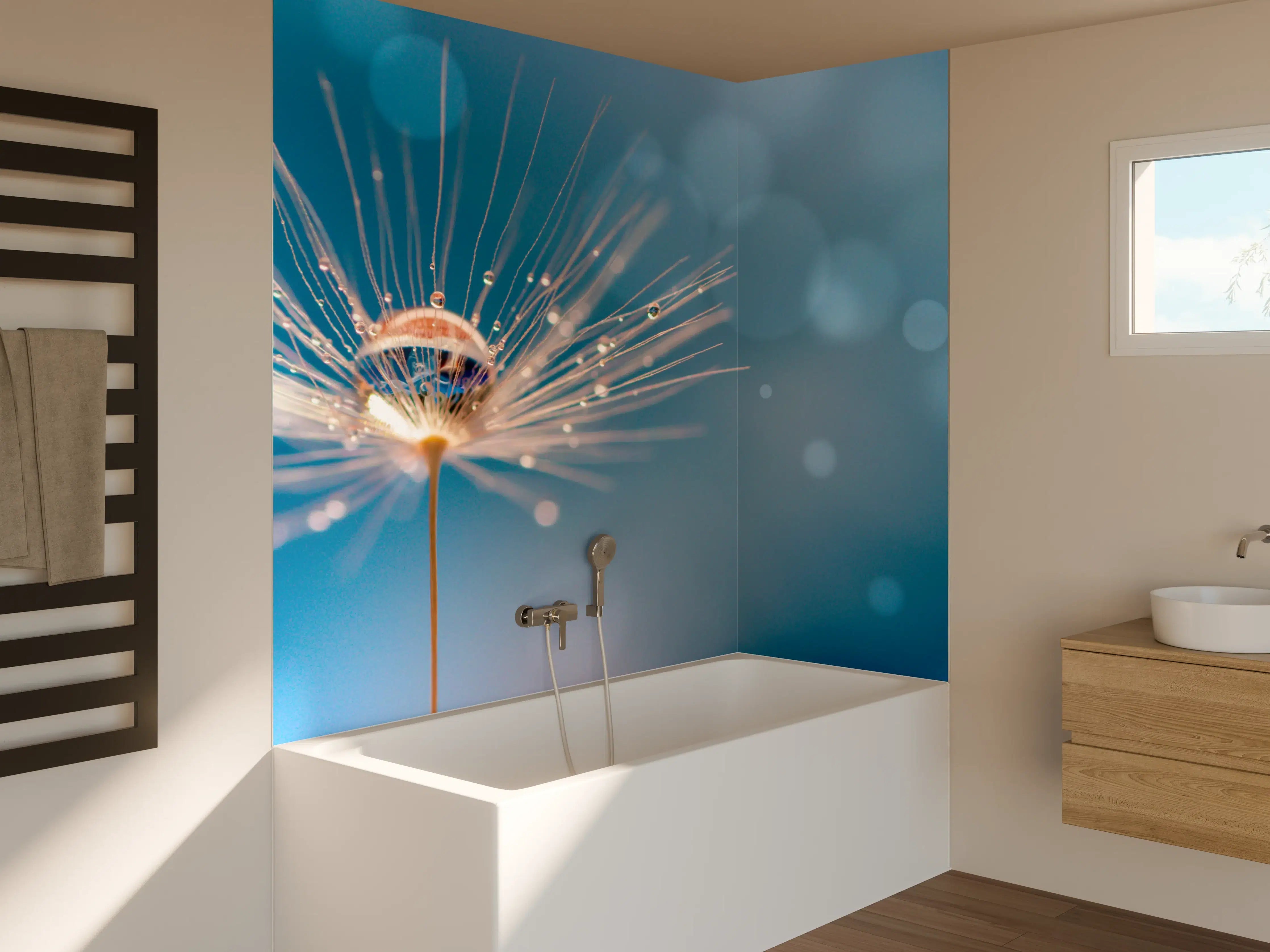 Badewannen-Rückwand - Blauer Dandelion im Sonnenlicht
