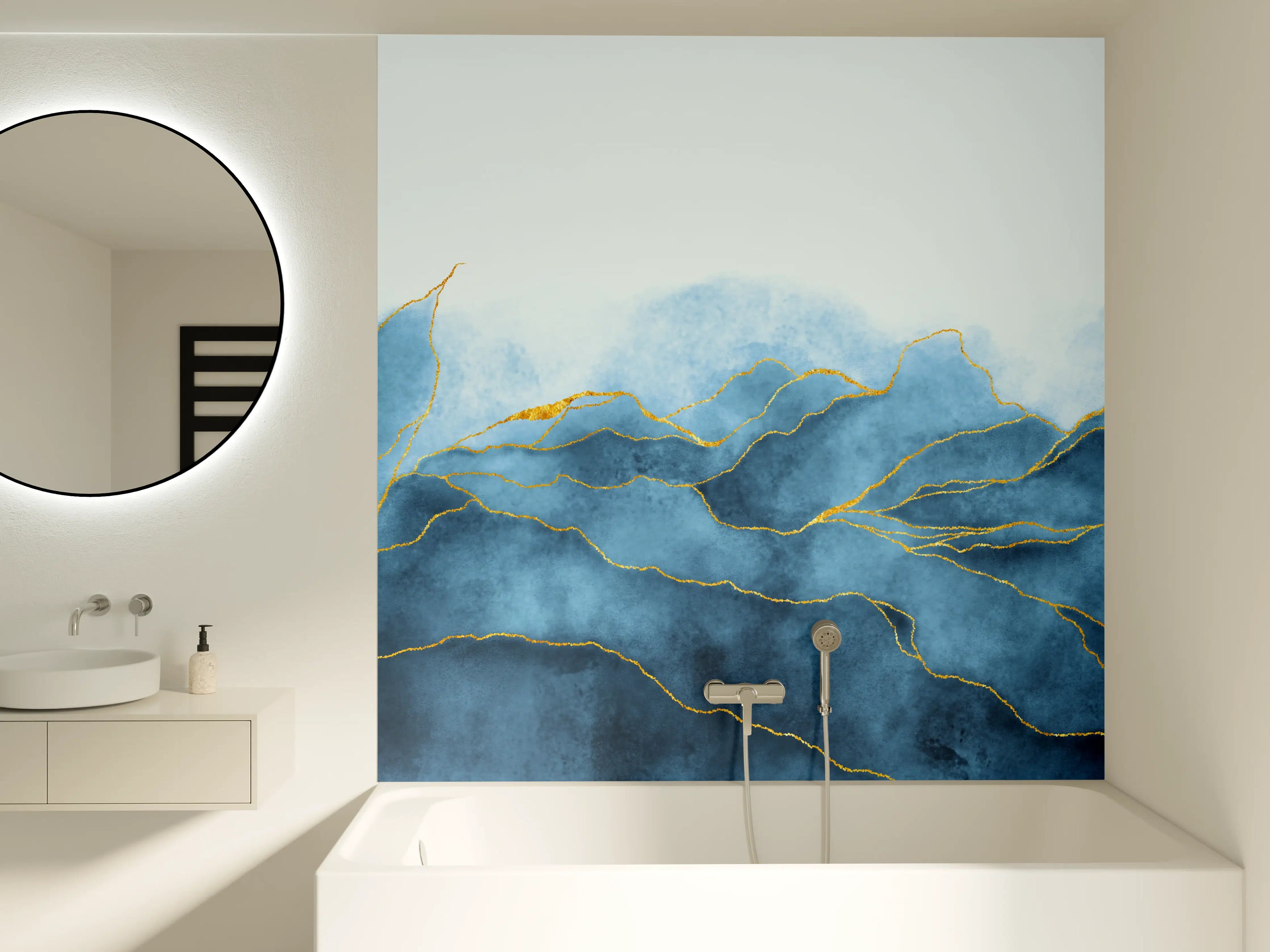 Badewannen-Rückwand - Blaues Aquarell mit Goldelementen