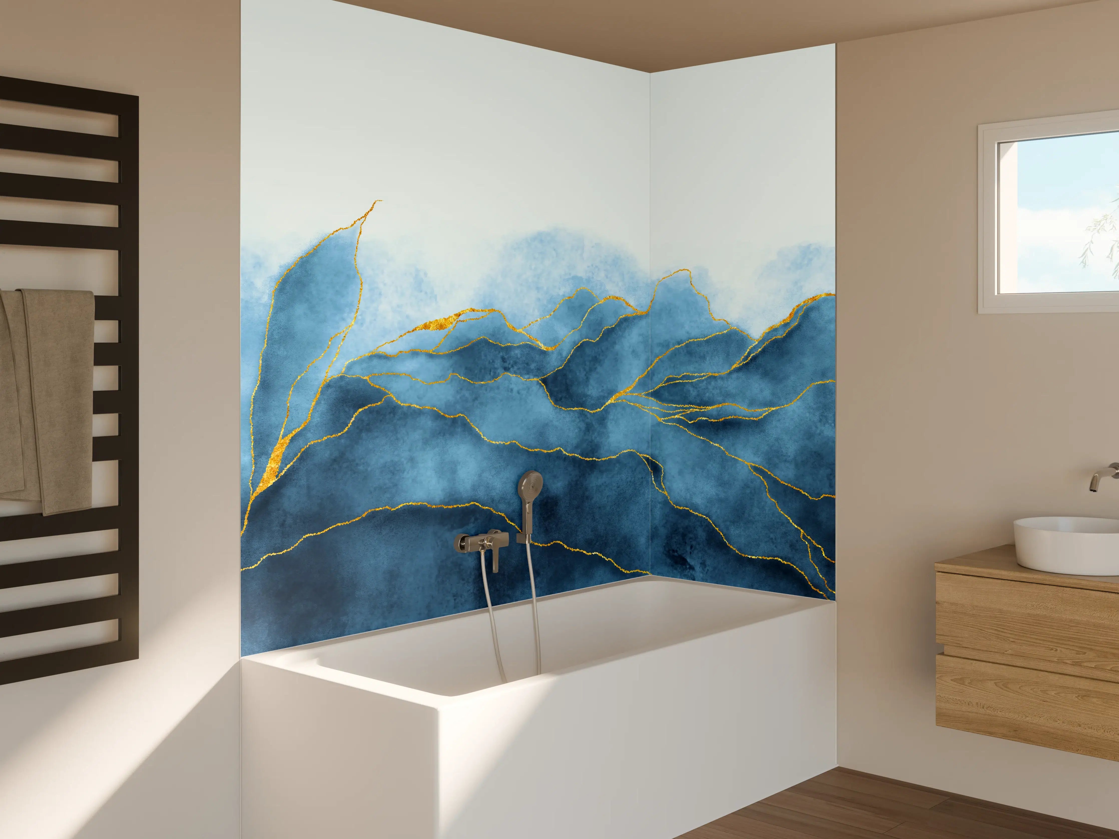 Badewannen-Rückwand - Blaues Aquarell mit Goldelementen