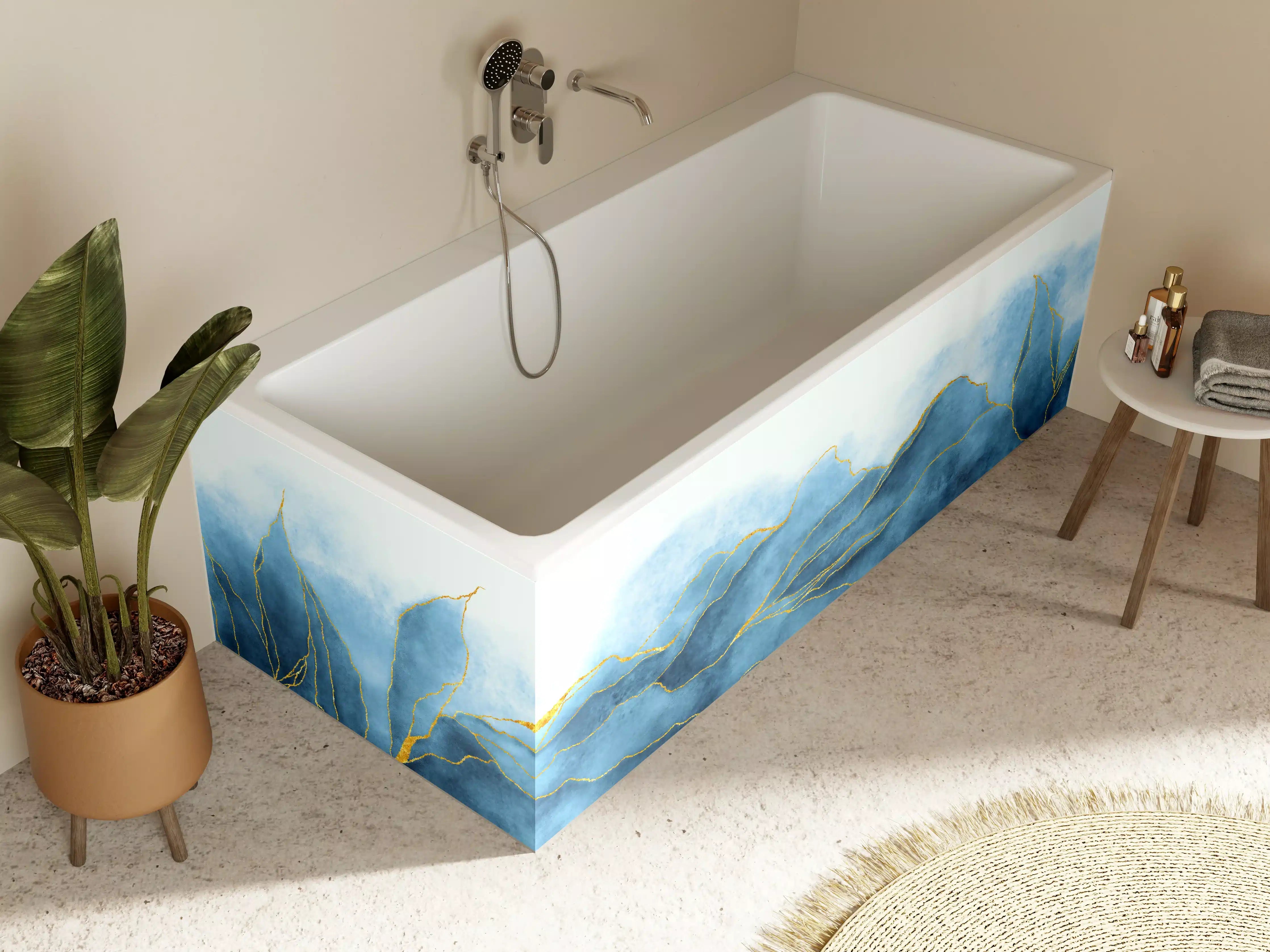 Badewannen-Rückwand - Blaues Aquarell mit Goldelementen
