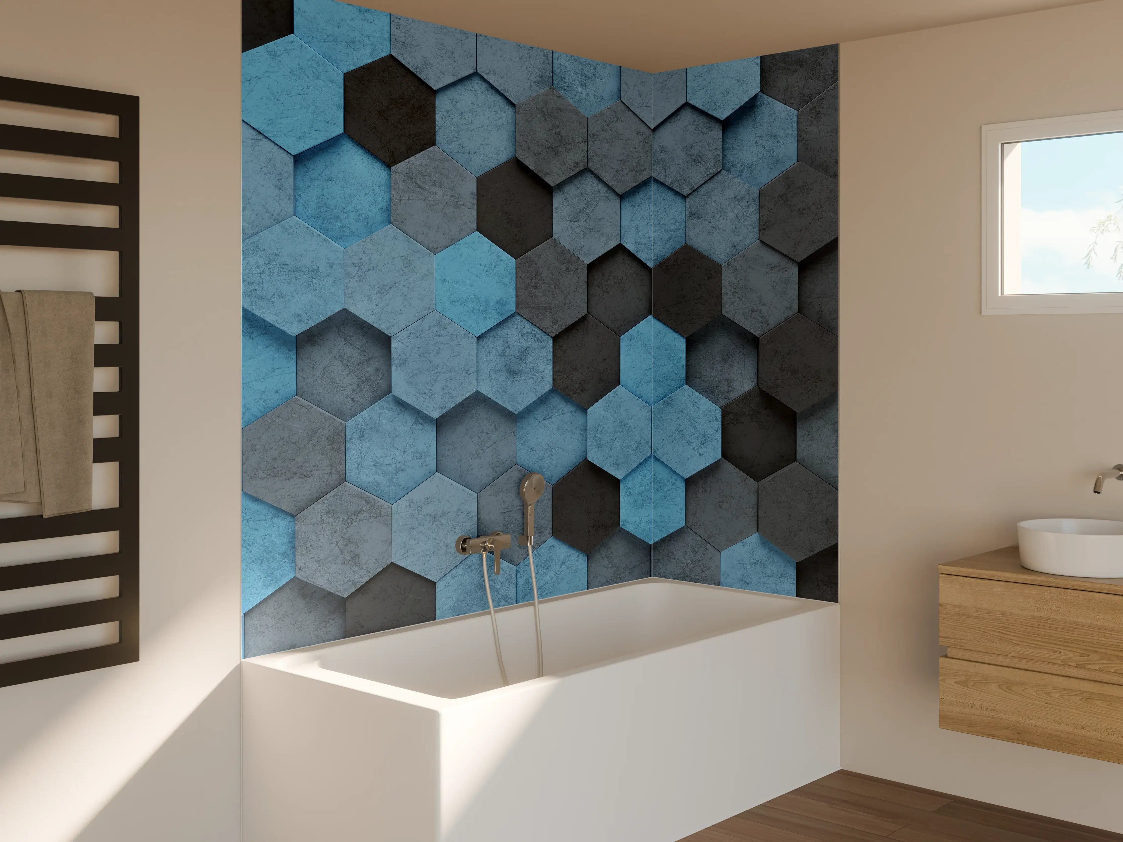 Badewannen-Rückwand - Blaues Sechseck 3D Muster