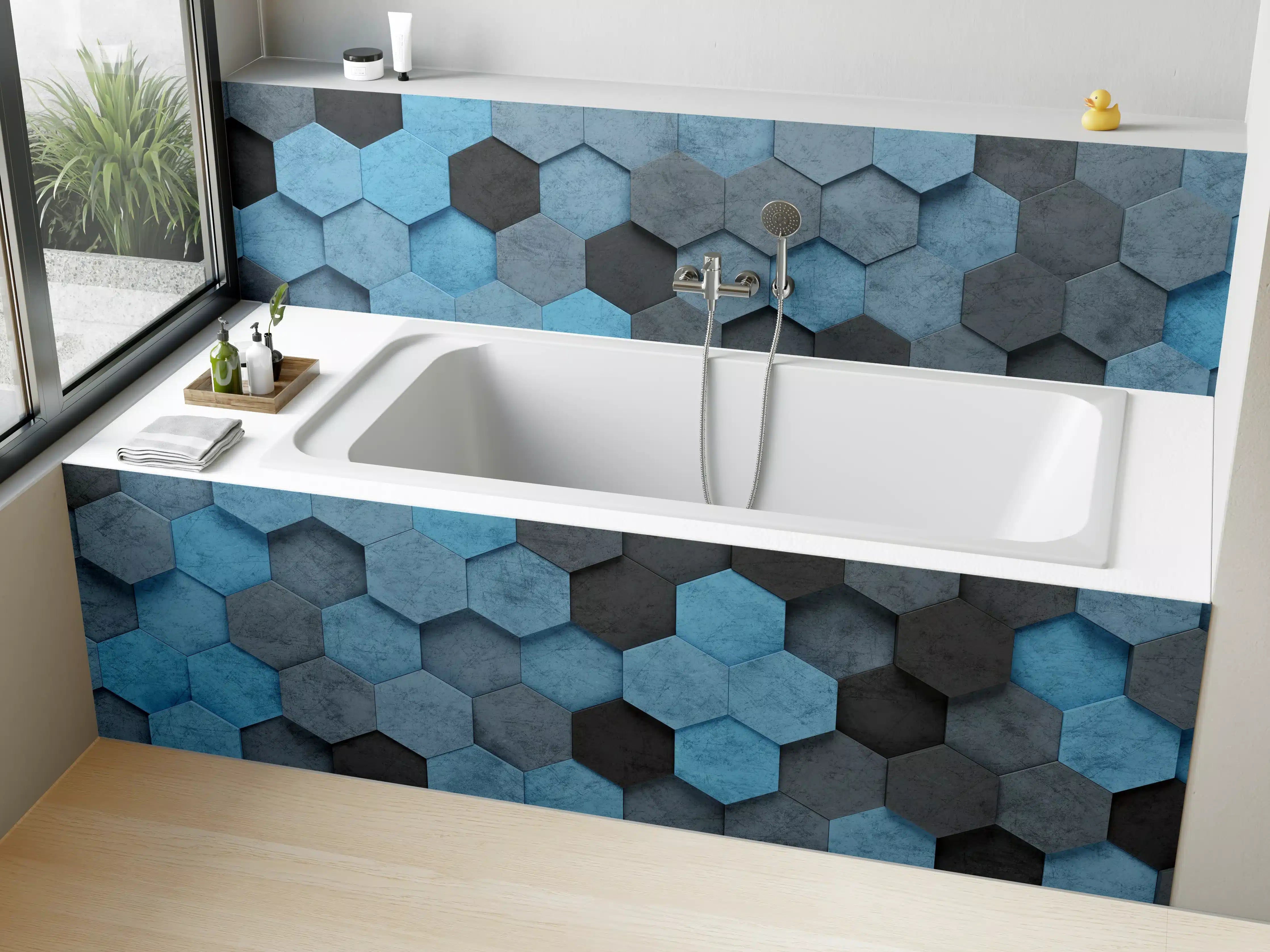 Badewannen-Rückwand - Blaues Sechseck 3D Muster