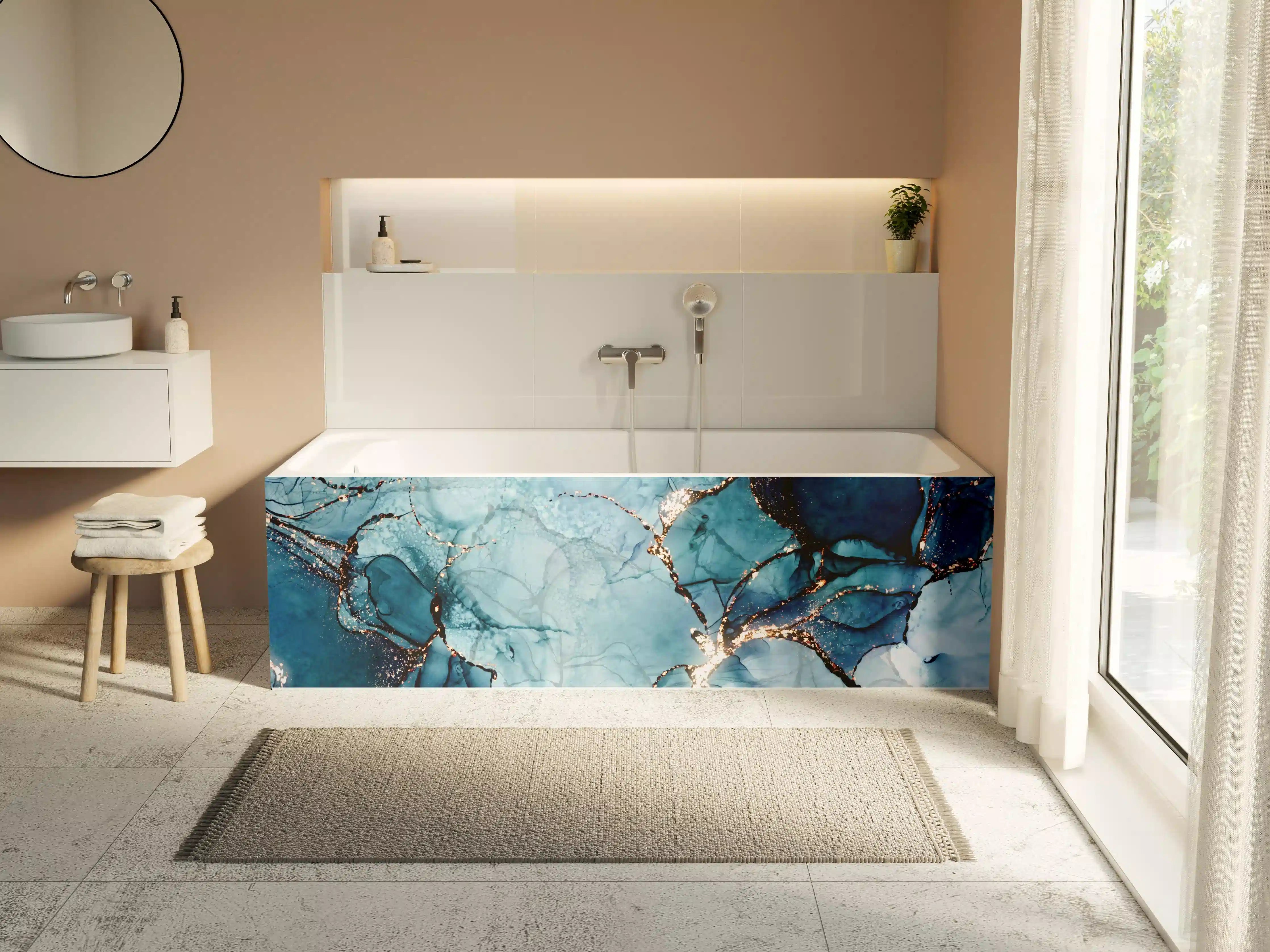 Badewannen-Rückwand - Blaues Wasserfarben-Muster mit Goldakzenten