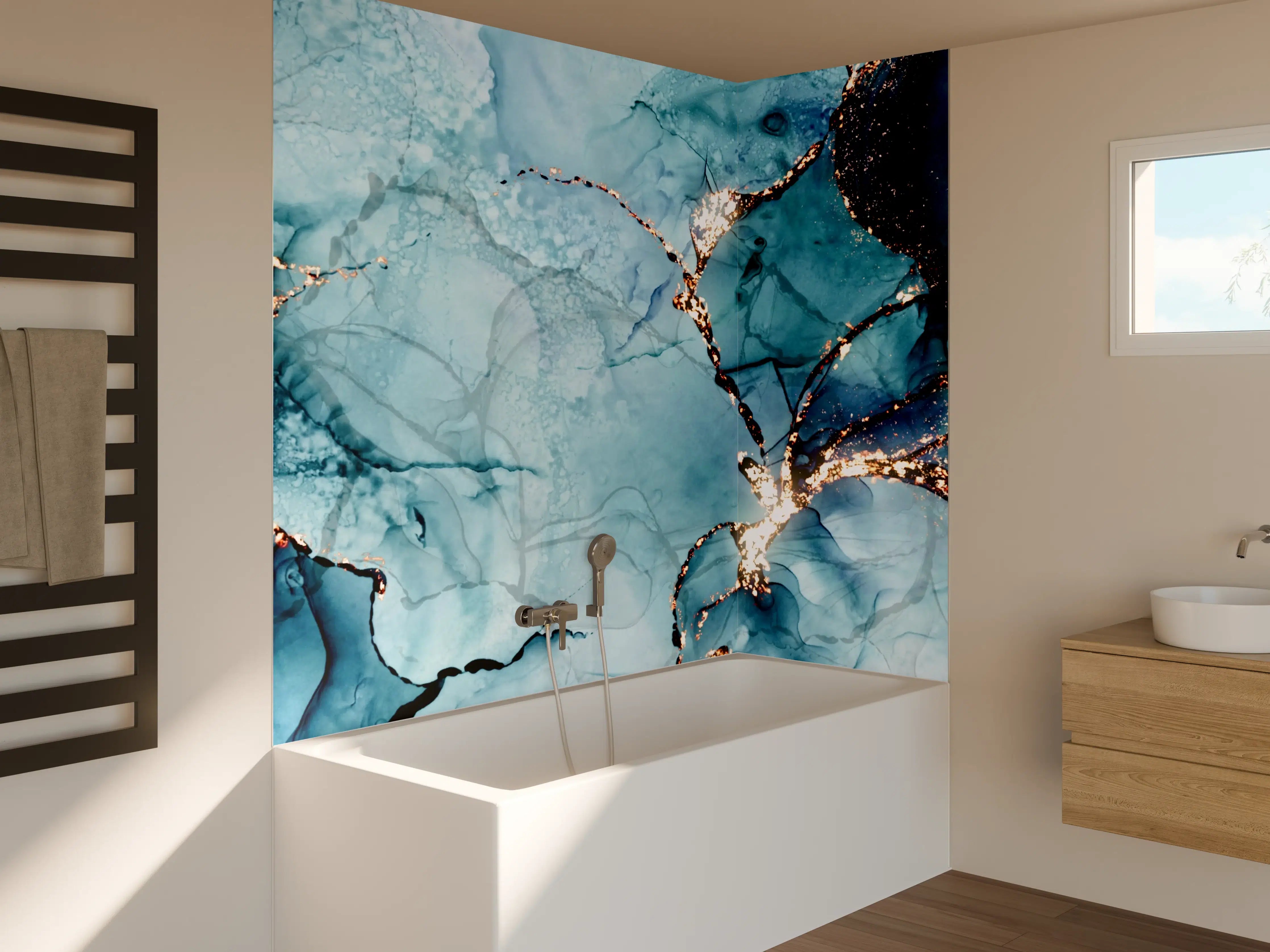 Badewannen-Rückwand - Blaues Wasserfarben-Muster mit Goldakzenten