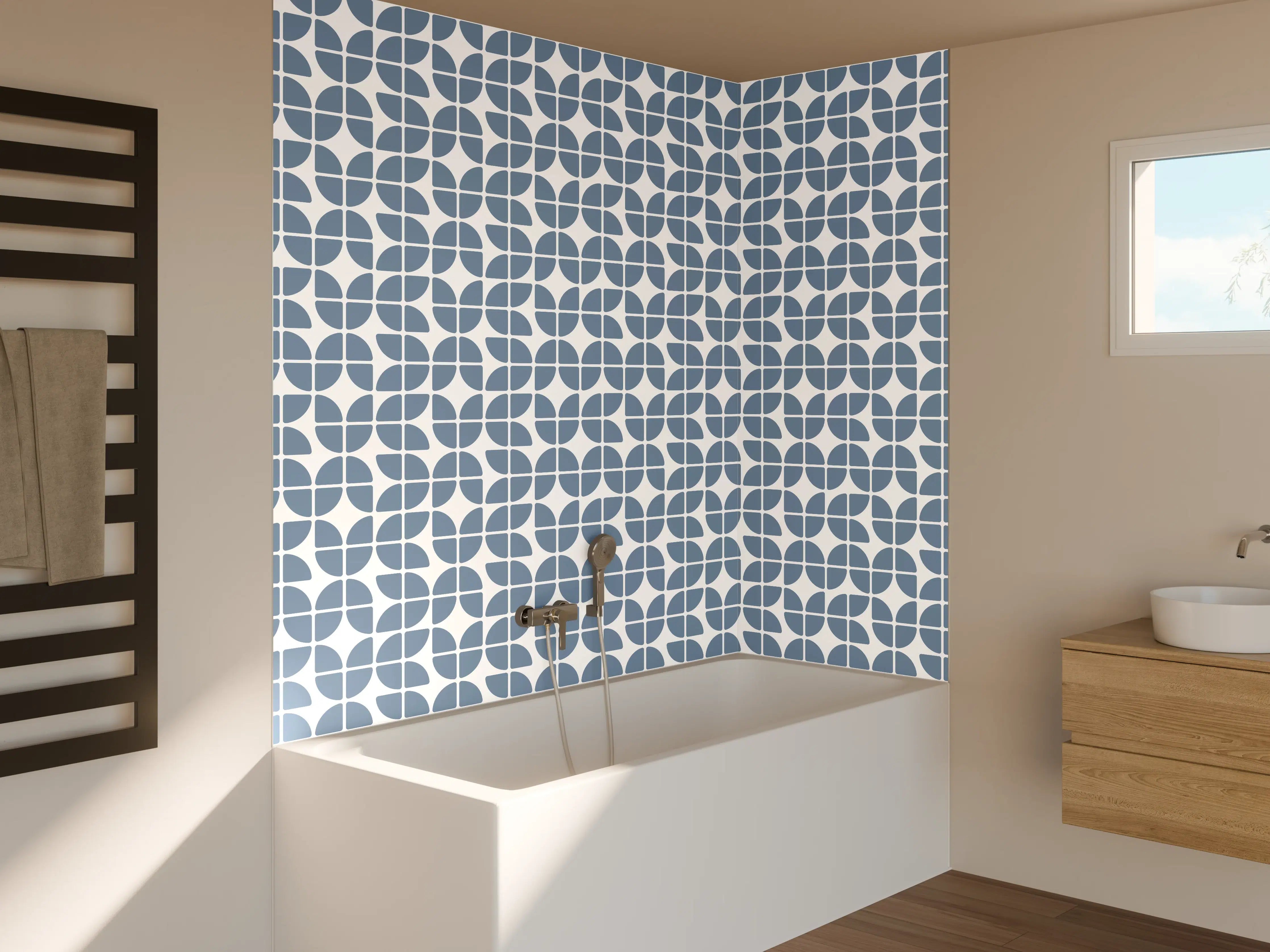 Badewannen-Rückwand - Blaues geometrisches Muster mit feinen Weiß-Details