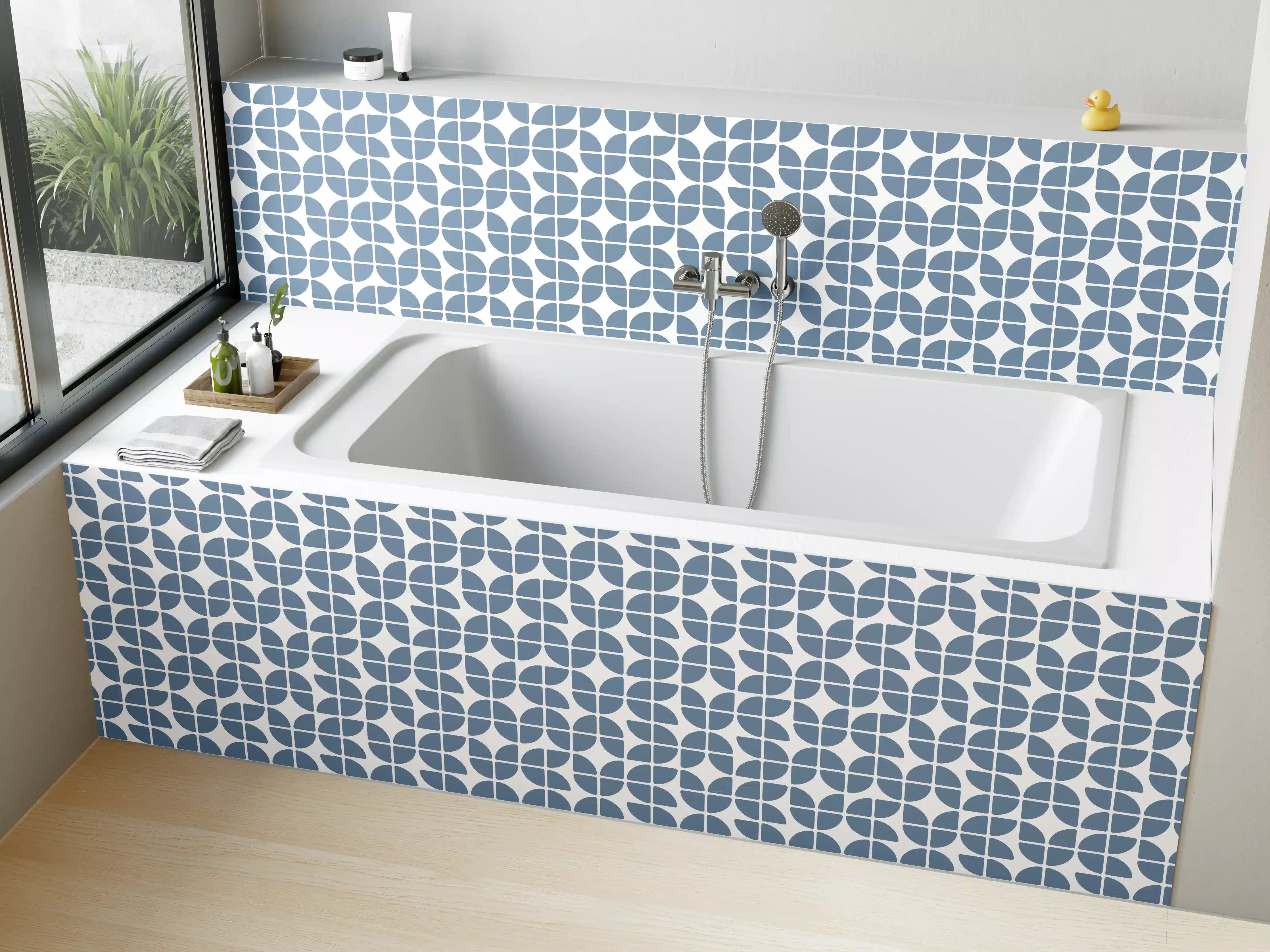 Badewannen-Rückwand - Blaues geometrisches Muster mit feinen Weiß-Details