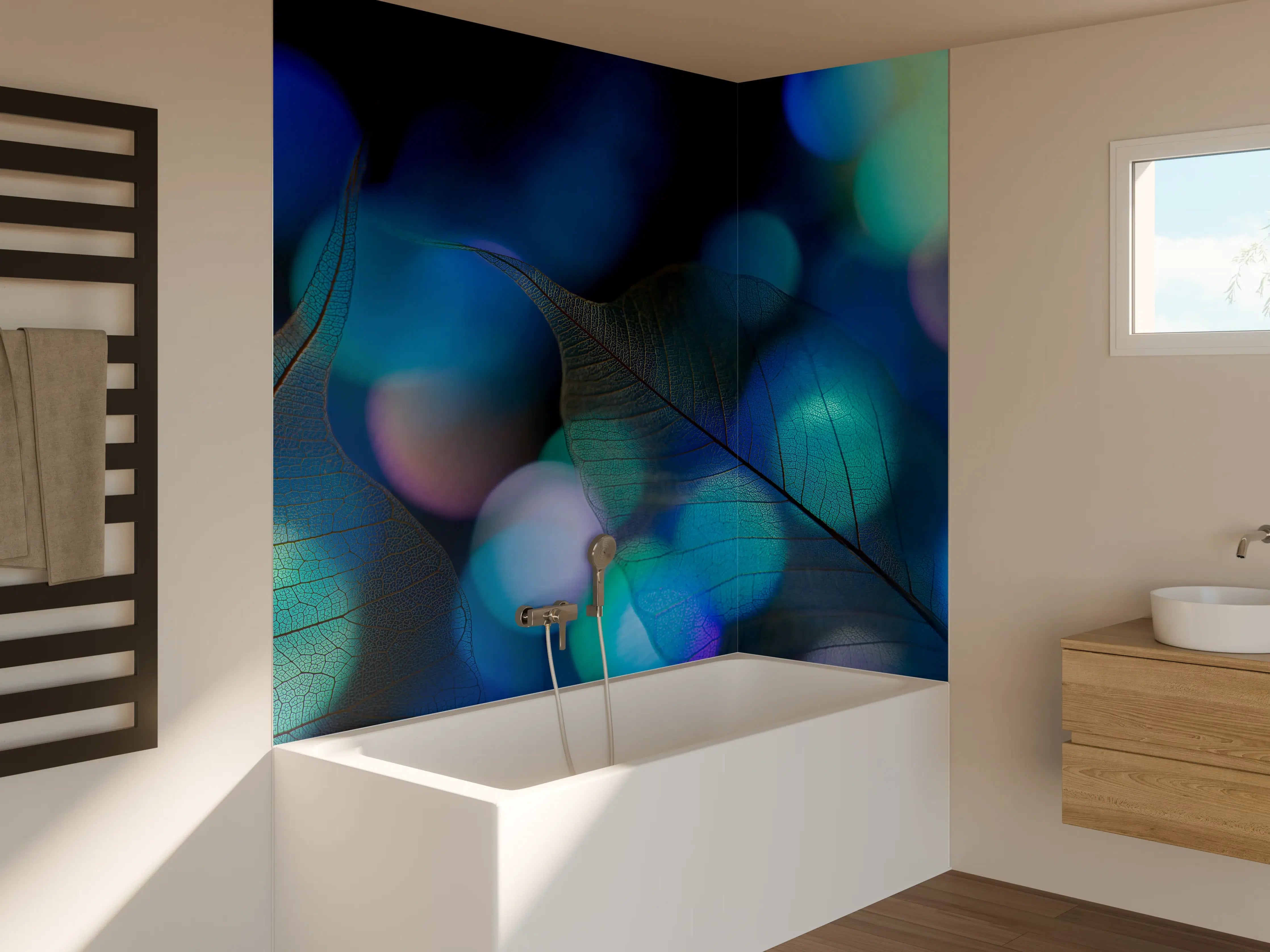 Badewannen-Rückwand - Blaugrün Lichtspiel Blatttextur