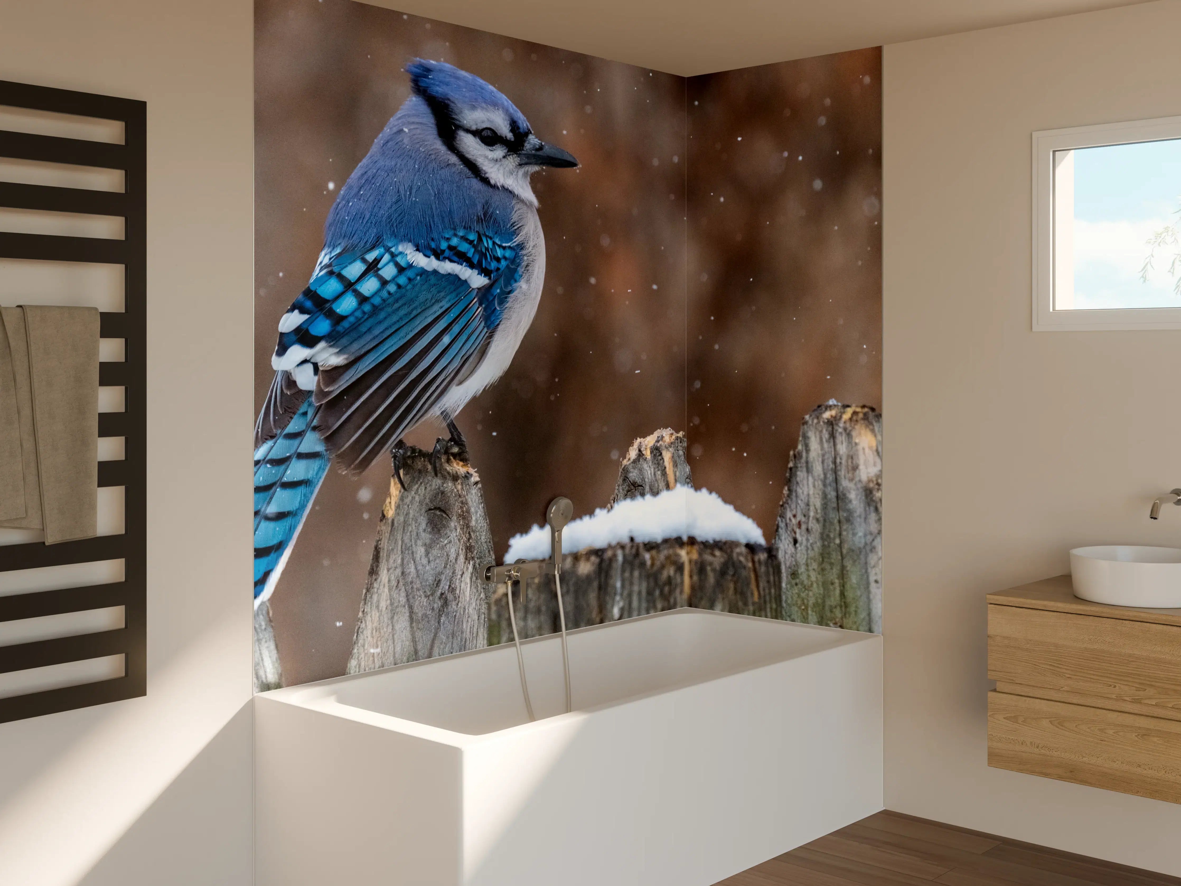 Badewannen-Rückwand - Blauhäher im Schnee