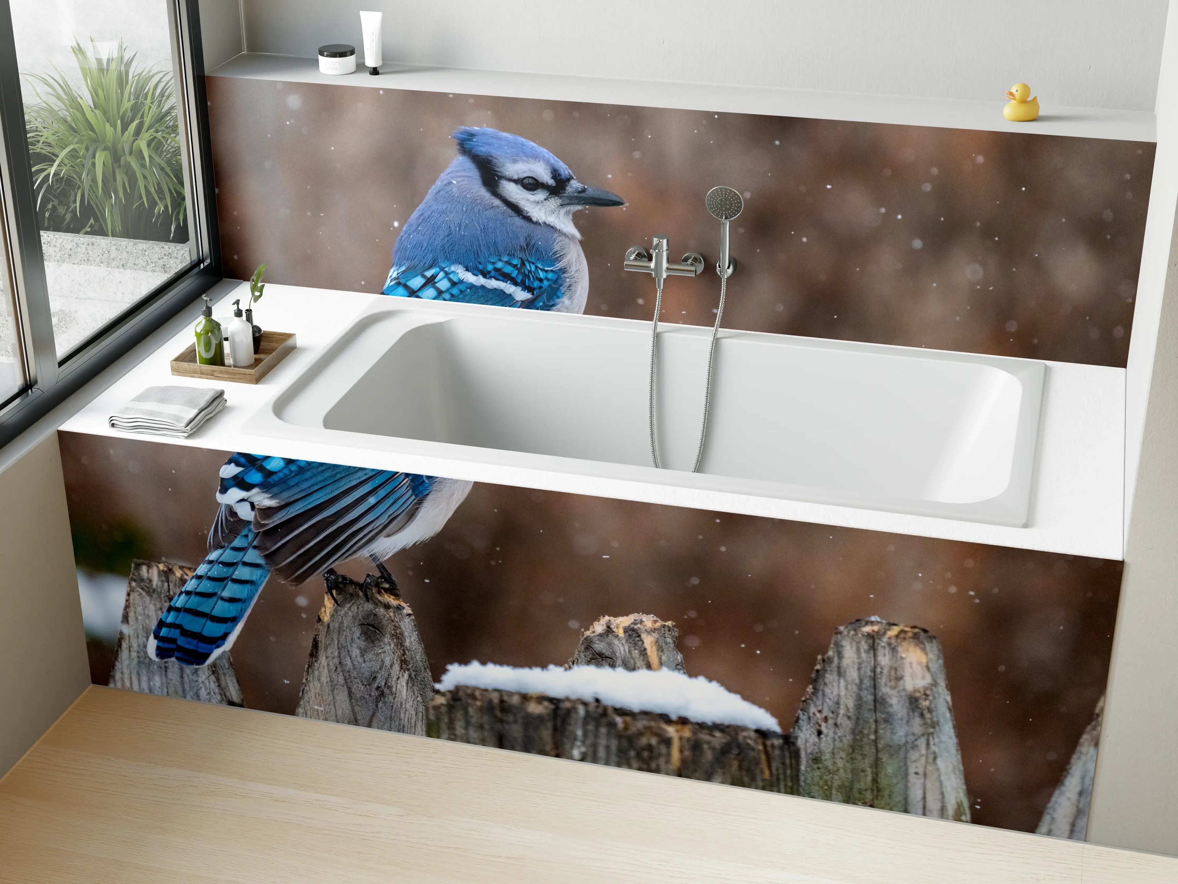 Badewannen-Rückwand - Blauhäher im Schnee