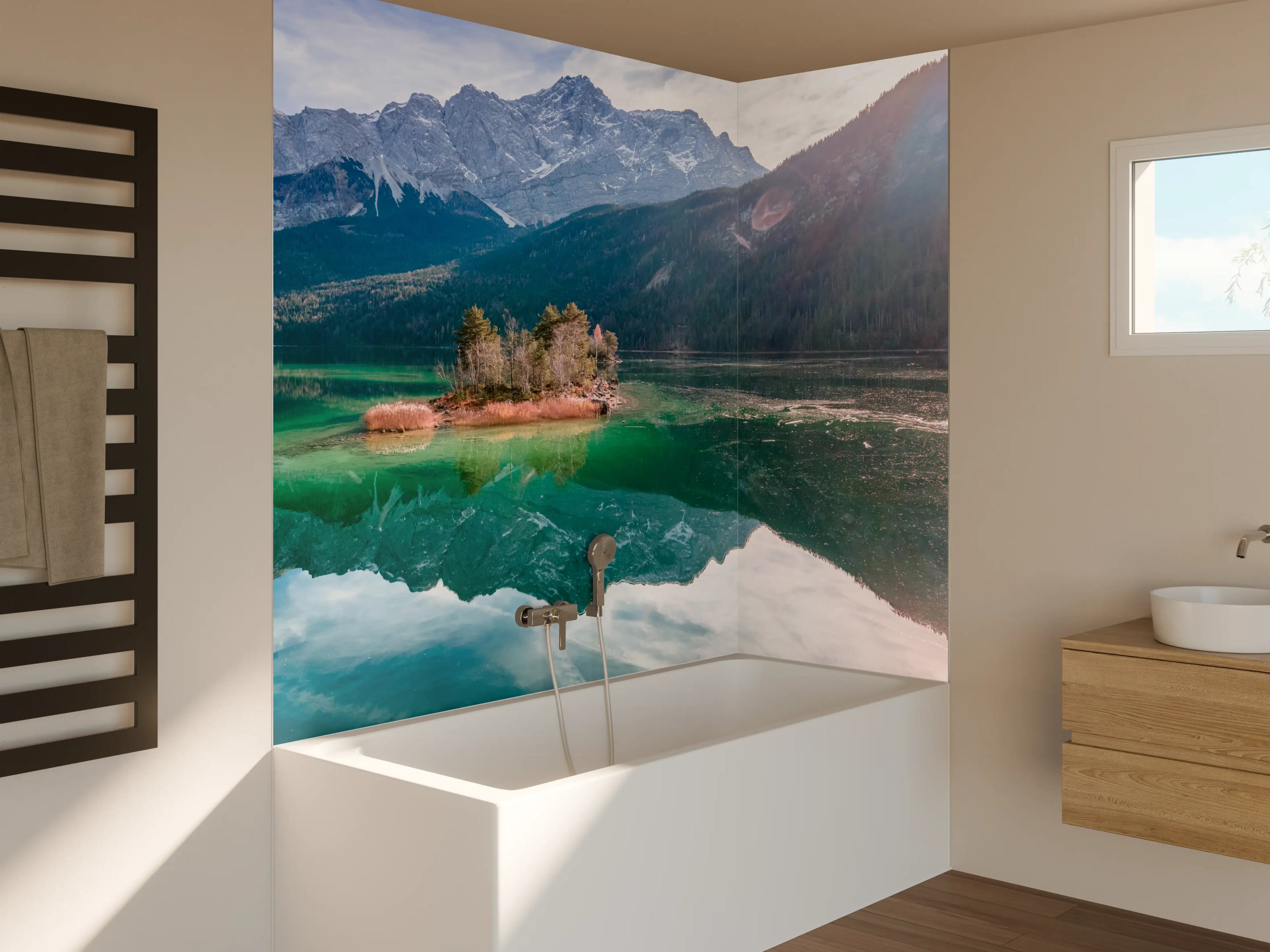 Badewannen-Rückwand - Blick auf den Eibsee mit der Zugspitze im Hintergrund
