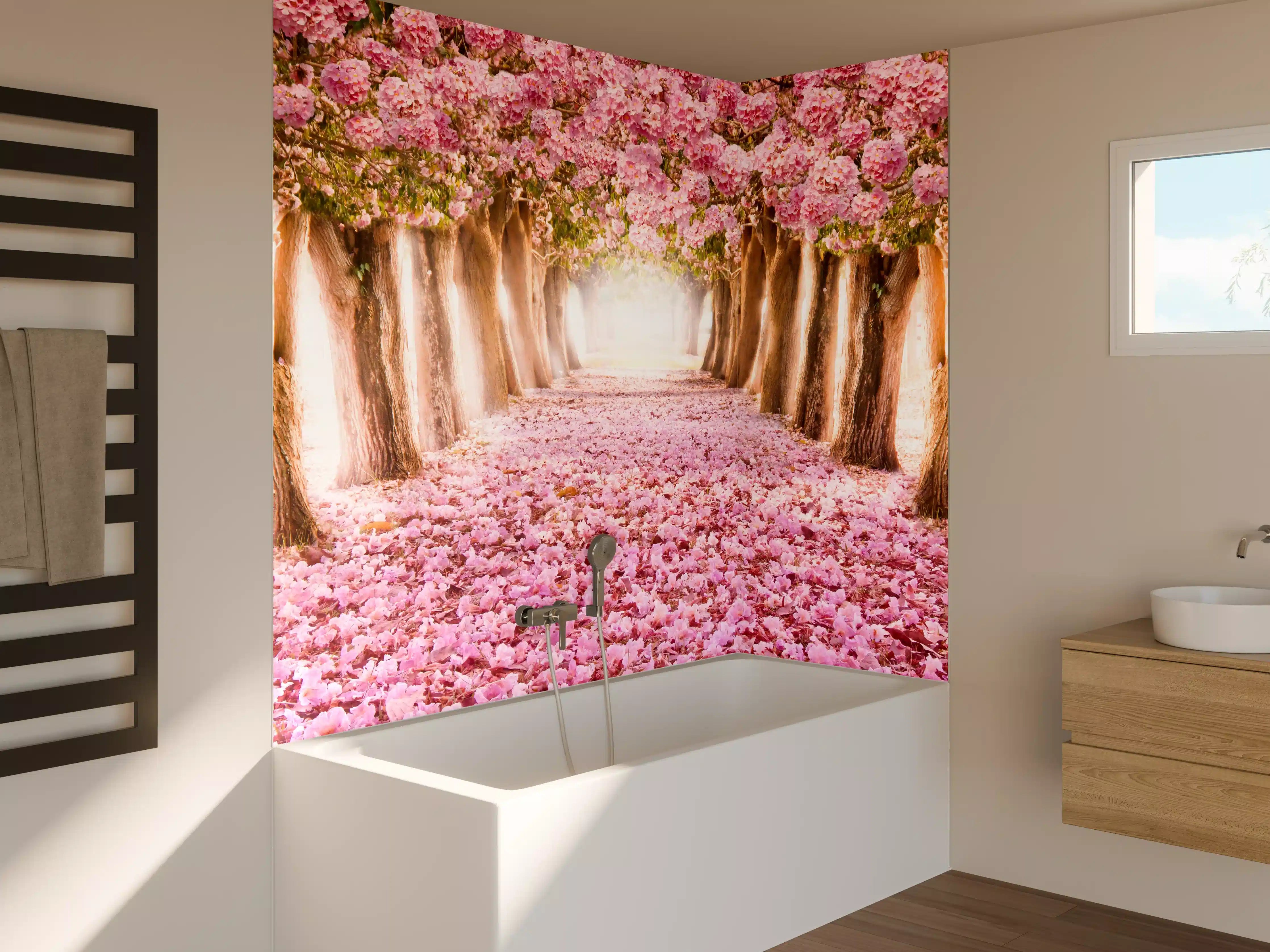 Badewannen-Rückwand - Blühender Baumallee im Frühling