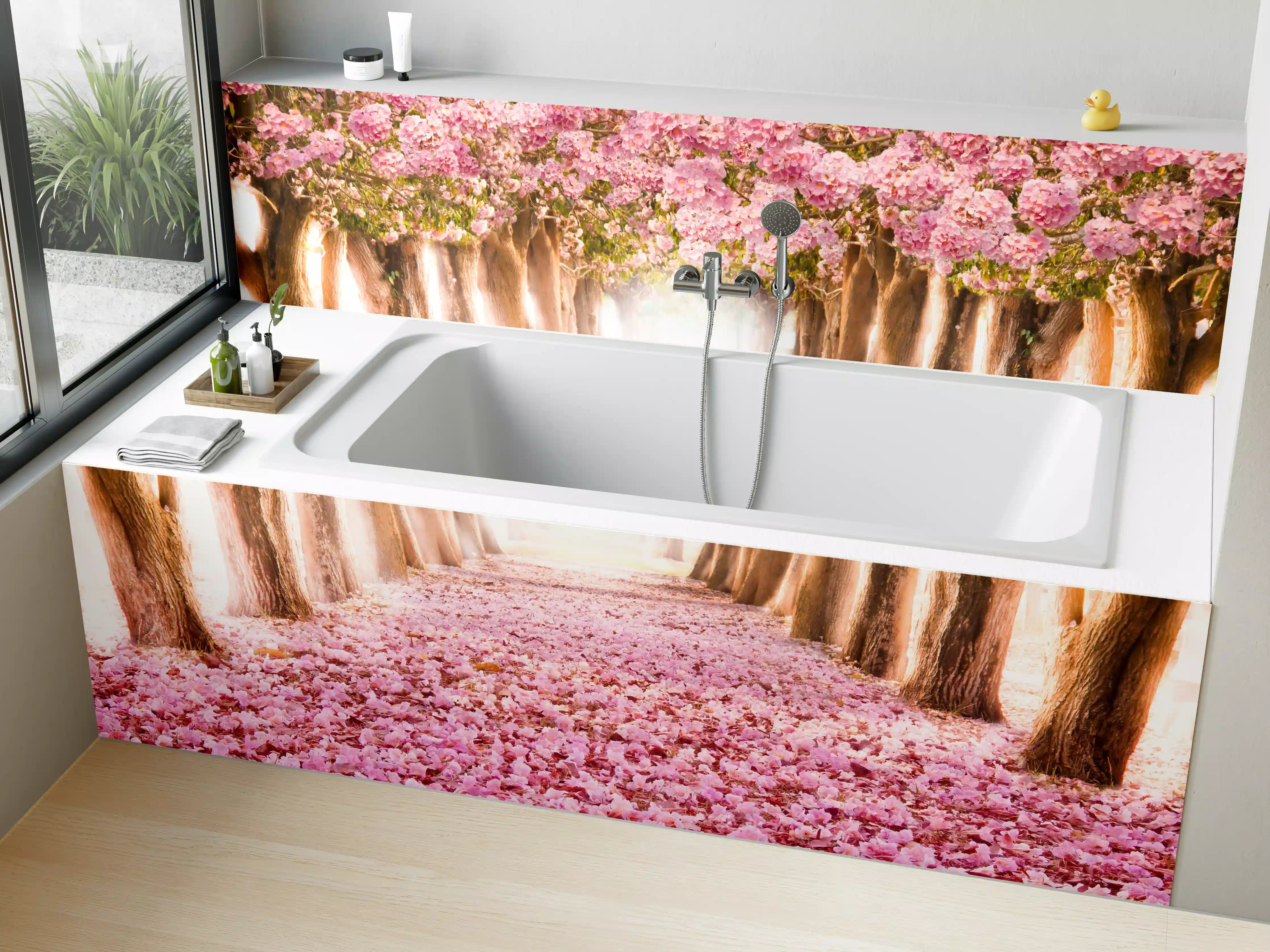 Badewannen-Rückwand - Blühender Baumallee im Frühling