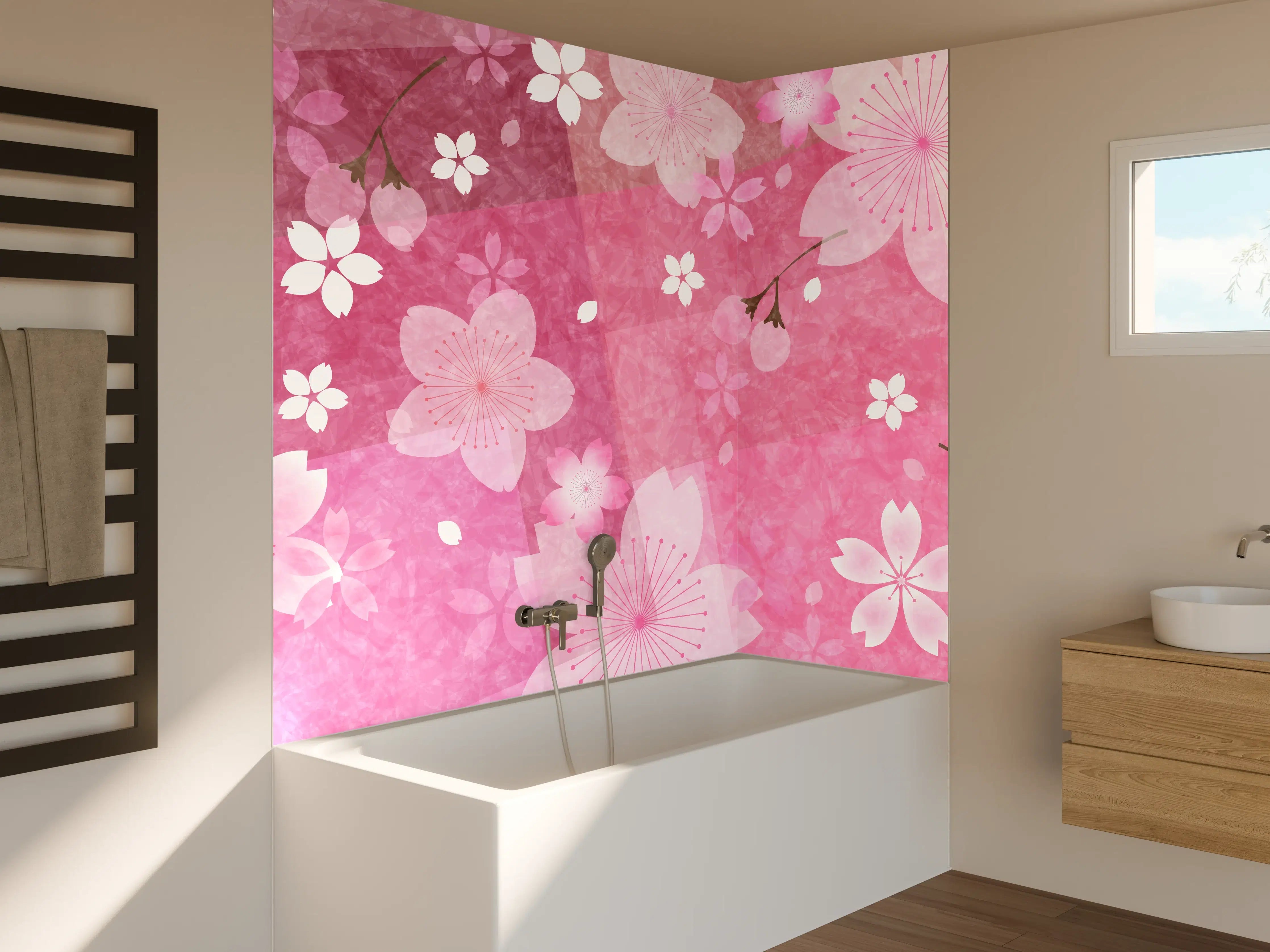 Badewannen-Rückwand - Blühendes Sakura-Muster Rosa