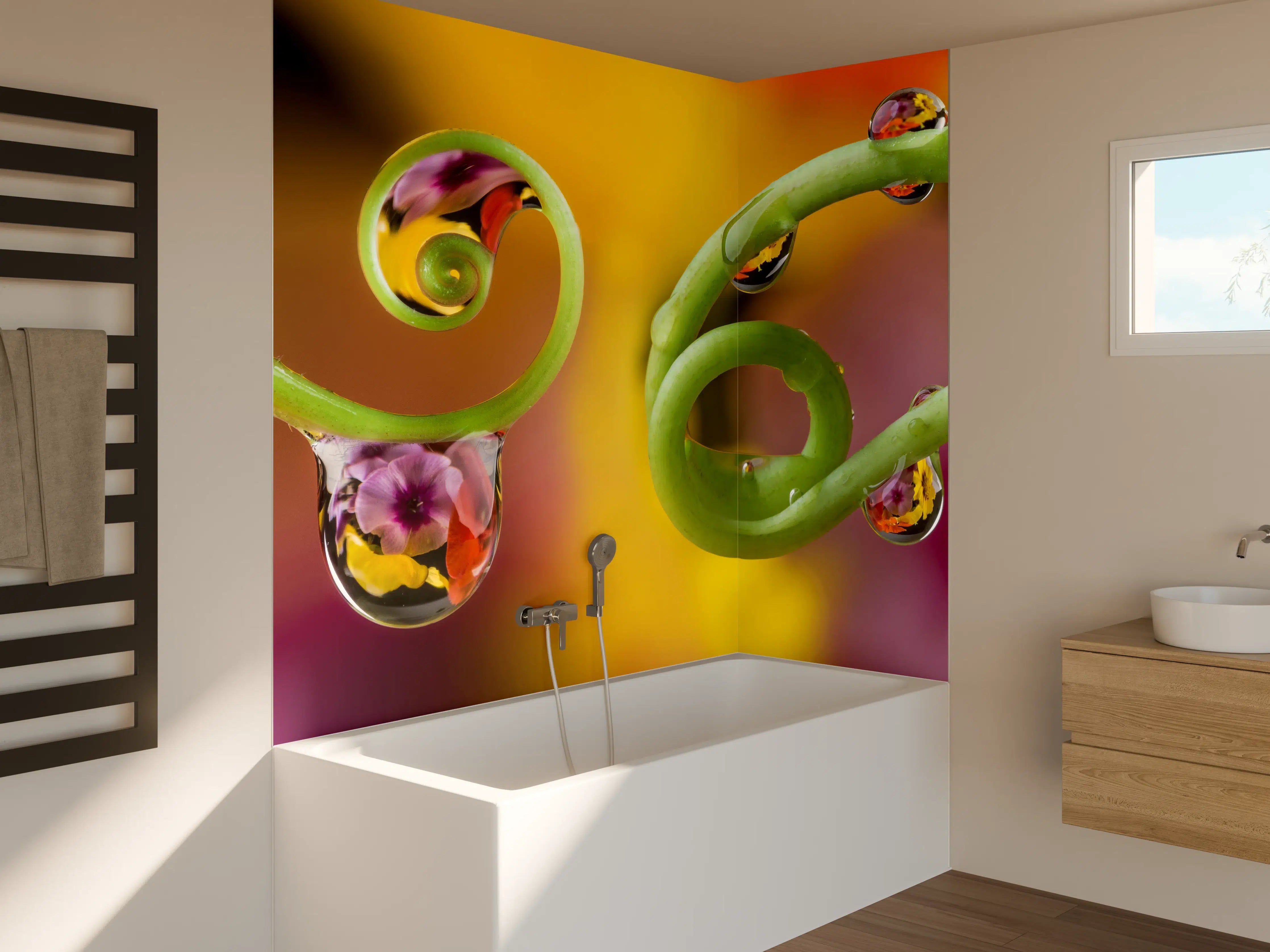 Badewannen-Rückwand - Blume mit abstrakten Tropfen