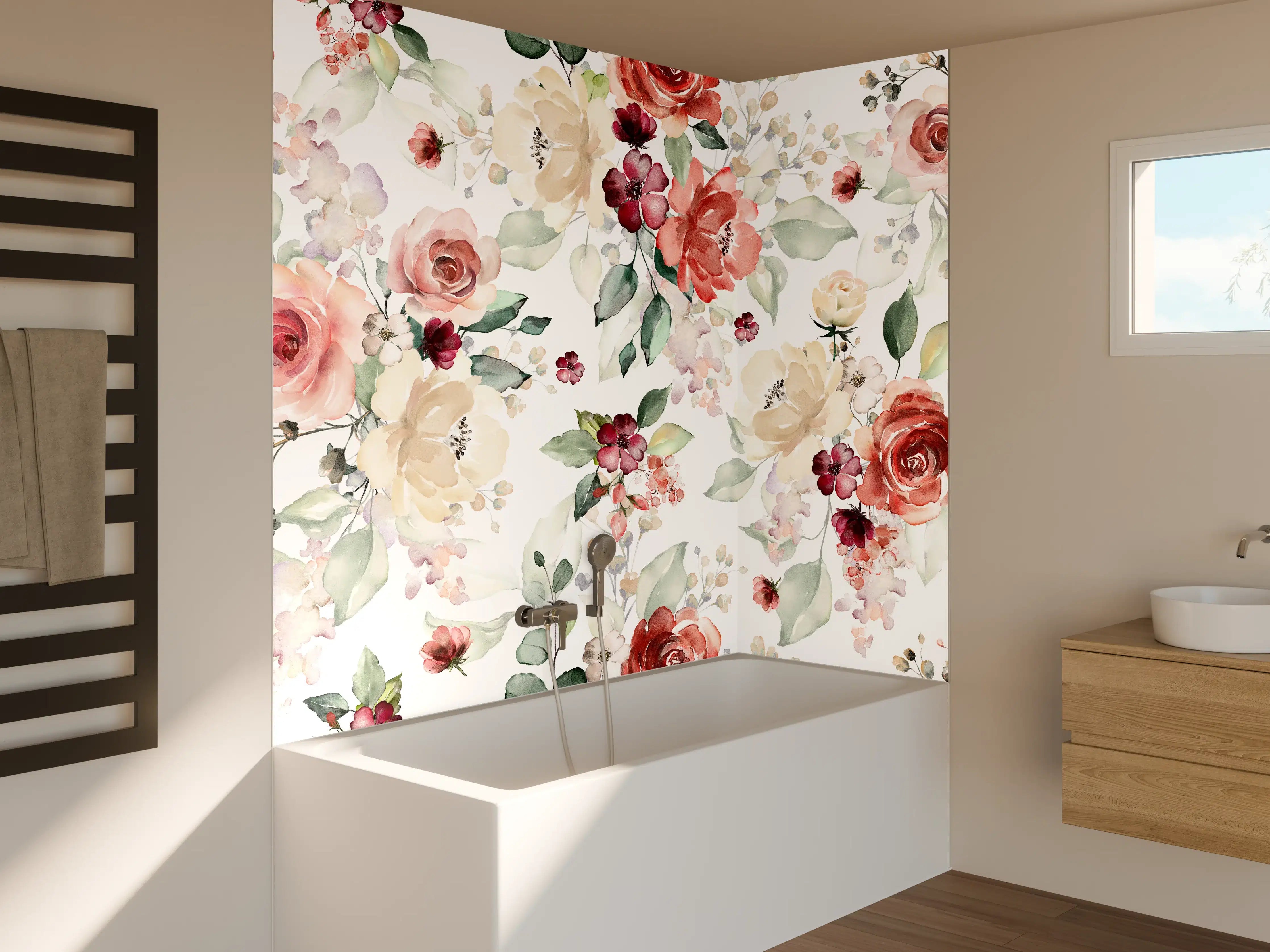 Badewannen-Rückwand - Blumen und Blätter im Tapeten-Stil